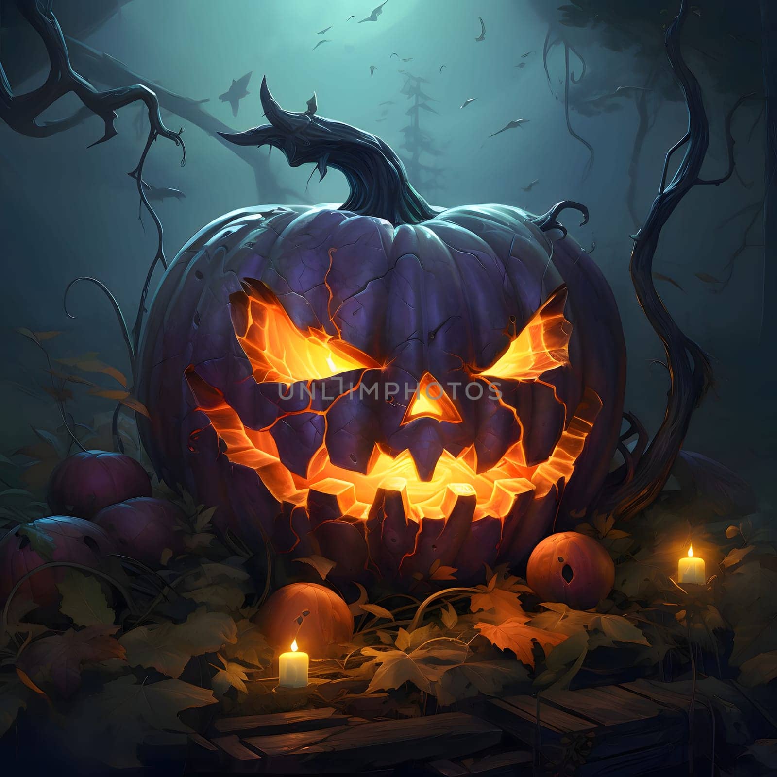 Big dark glowing fire jack-o-lantern pumpkin around leaves and candles in the background, darkness, a Halloween image. by ThemesS