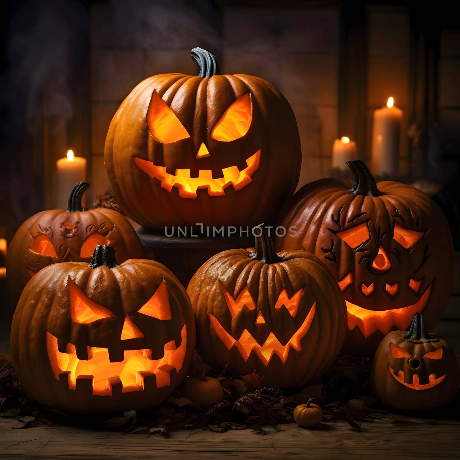 Six elegantly arranged glowing jack-o-lantern pumpkins, two candles in the background, smoke, dark room, a Halloween image. by ThemesS