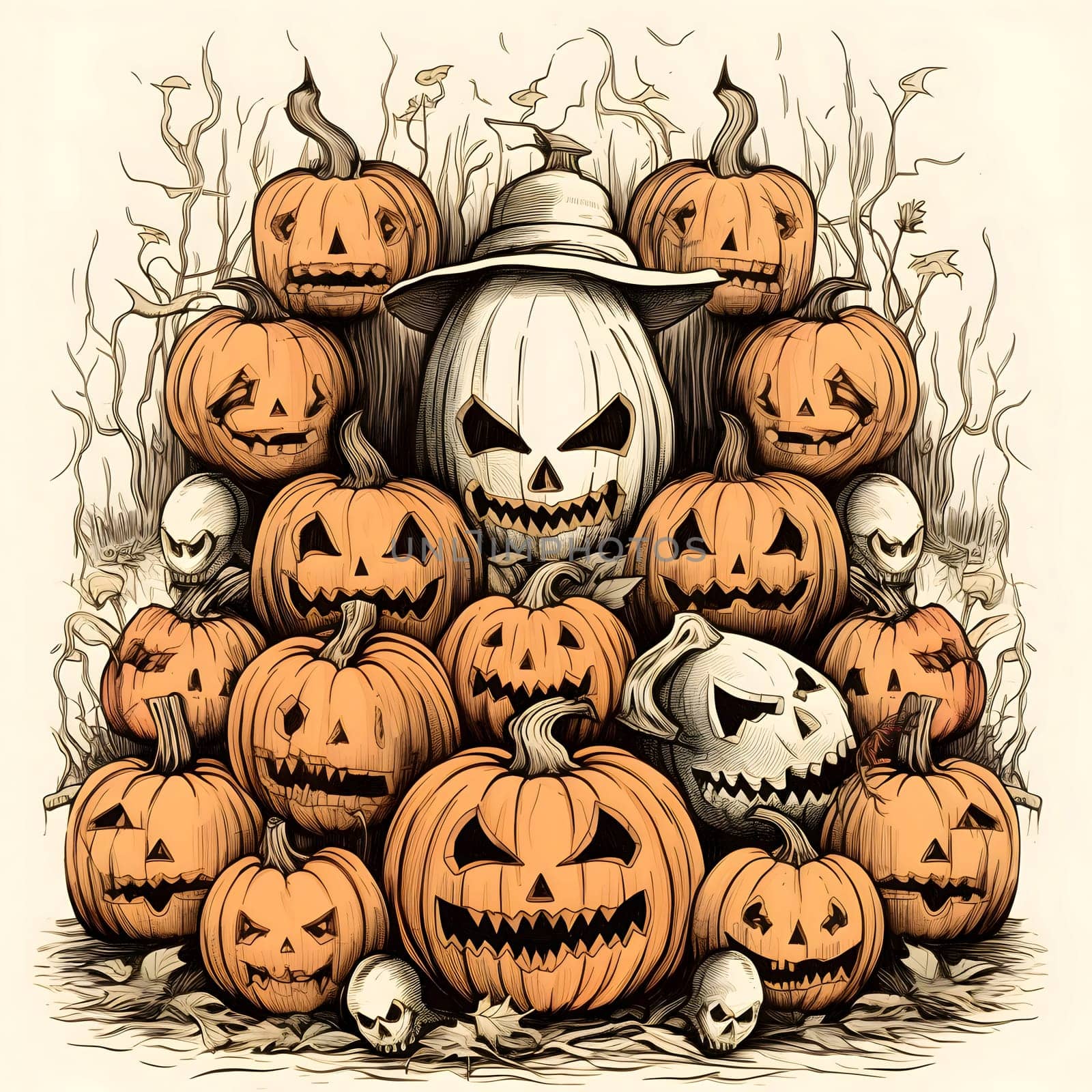 Illustration many sinister pumpkins, skulls, a Halloween image. Atmosphere of darkness and fear.