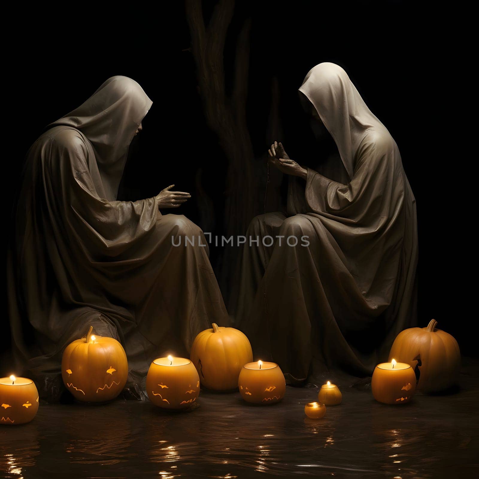 Two dark monsters sitting opposite each other, next to them pumpkin candles and pumpkins black background, a Halloween image. Atmosphere of darkness and fear.