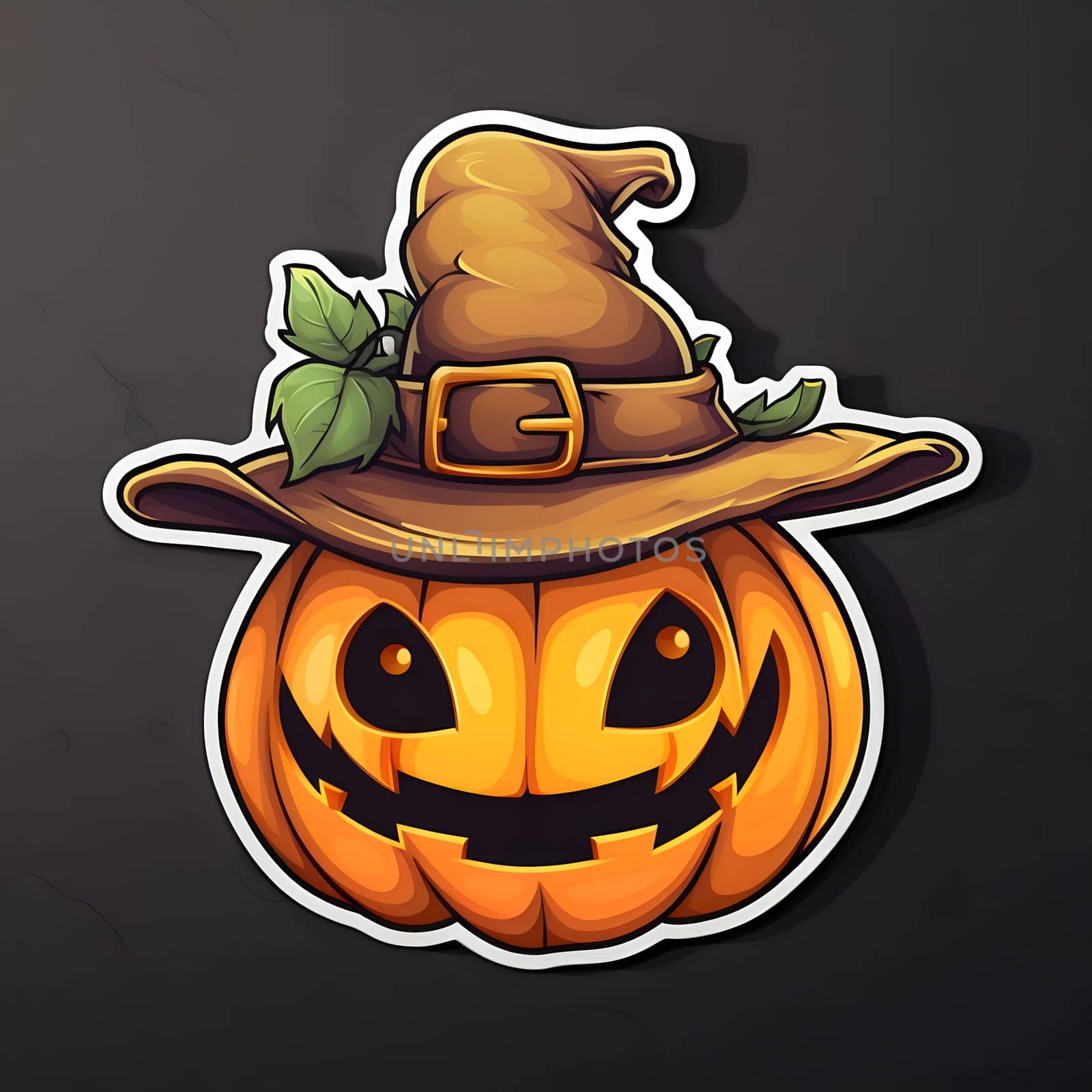Jack-o-lantern pumpkin sticker with witch hat, Halloween image on a dark isolated background. by ThemesS
