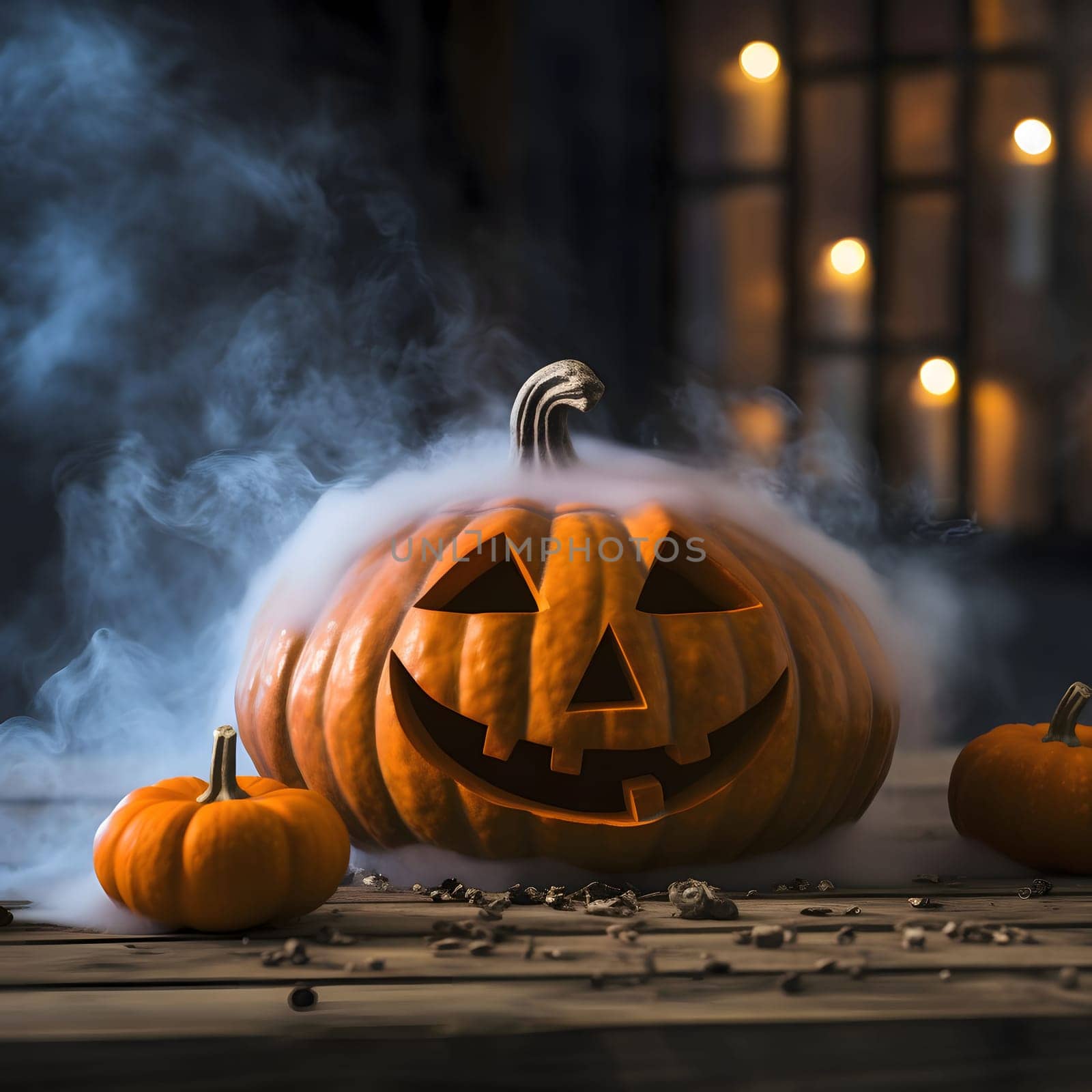 Jack-o-lantern pumpkin and steam coming out of it, fog, burning candles in the background, a Halloween image. by ThemesS