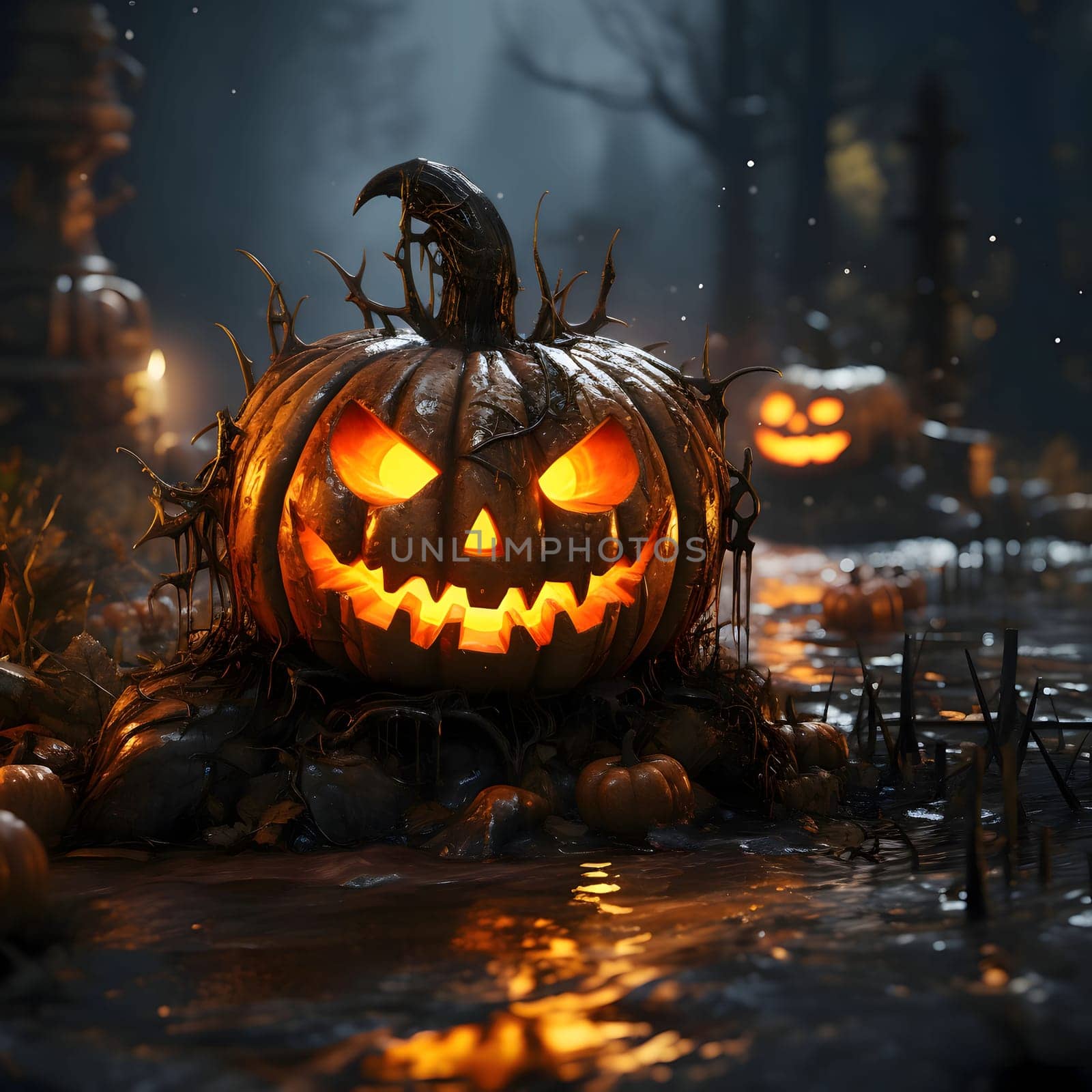 Glowing jack-o-lantern pumpkin in a dark forest with flowing water all around, a Halloween image. by ThemesS