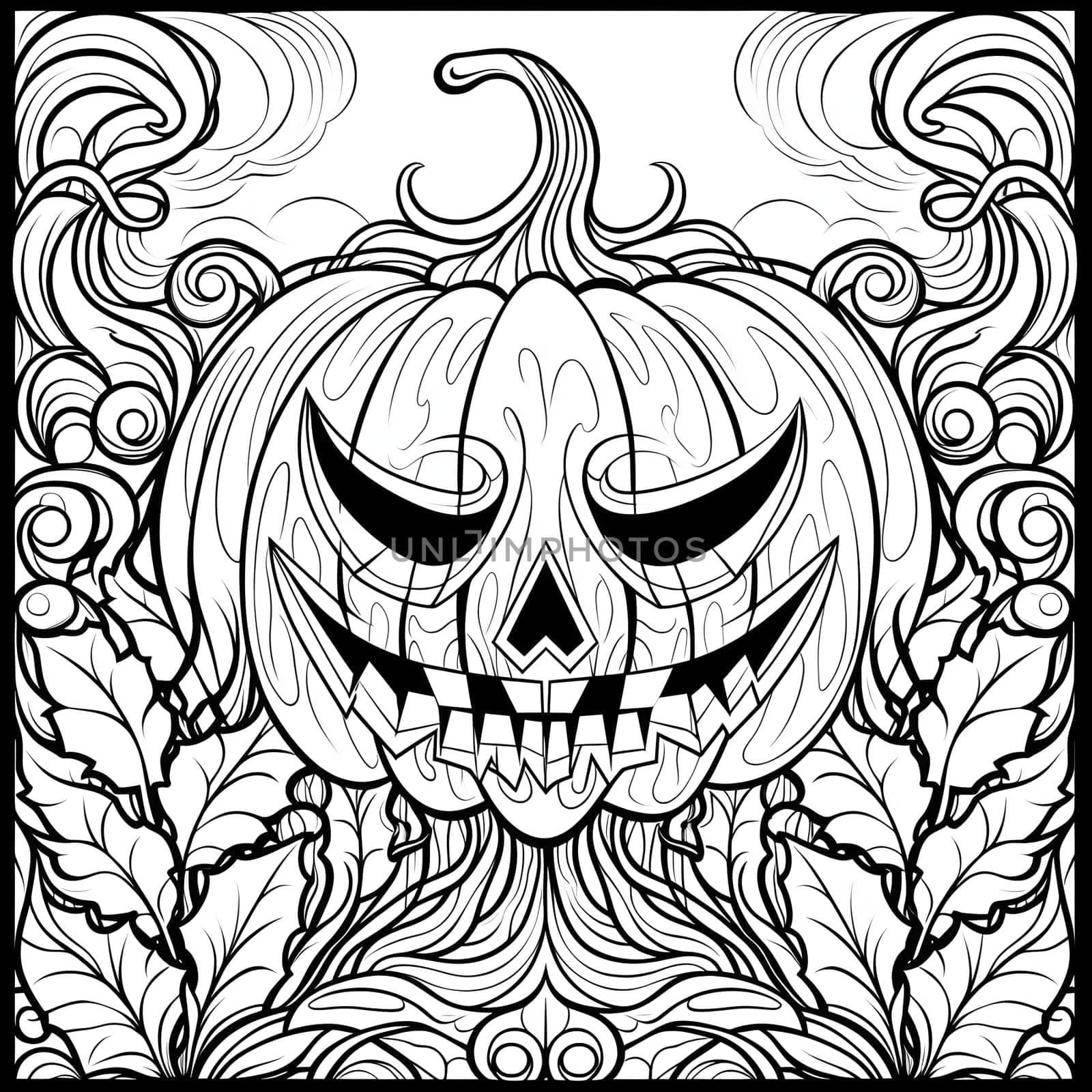 Dark jack-o-lantern pumpkin and surrounding vines and leaves, Halloween black and white picture coloring book. by ThemesS