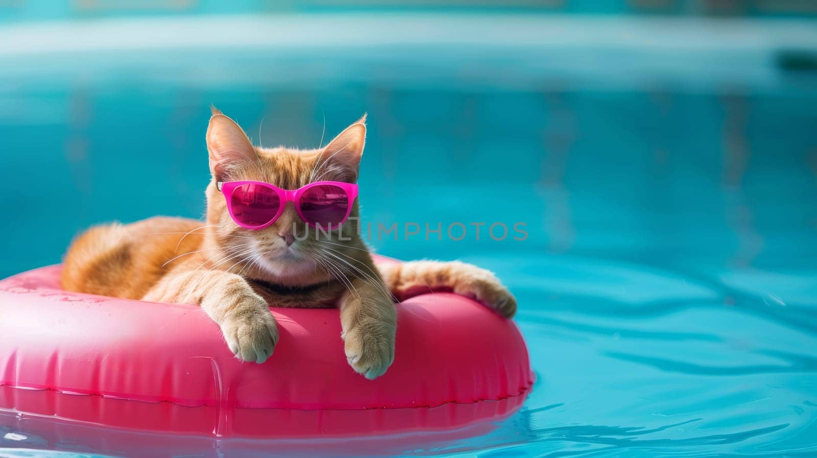 Orange cat with pink sunglasses lounging on a red pool float.