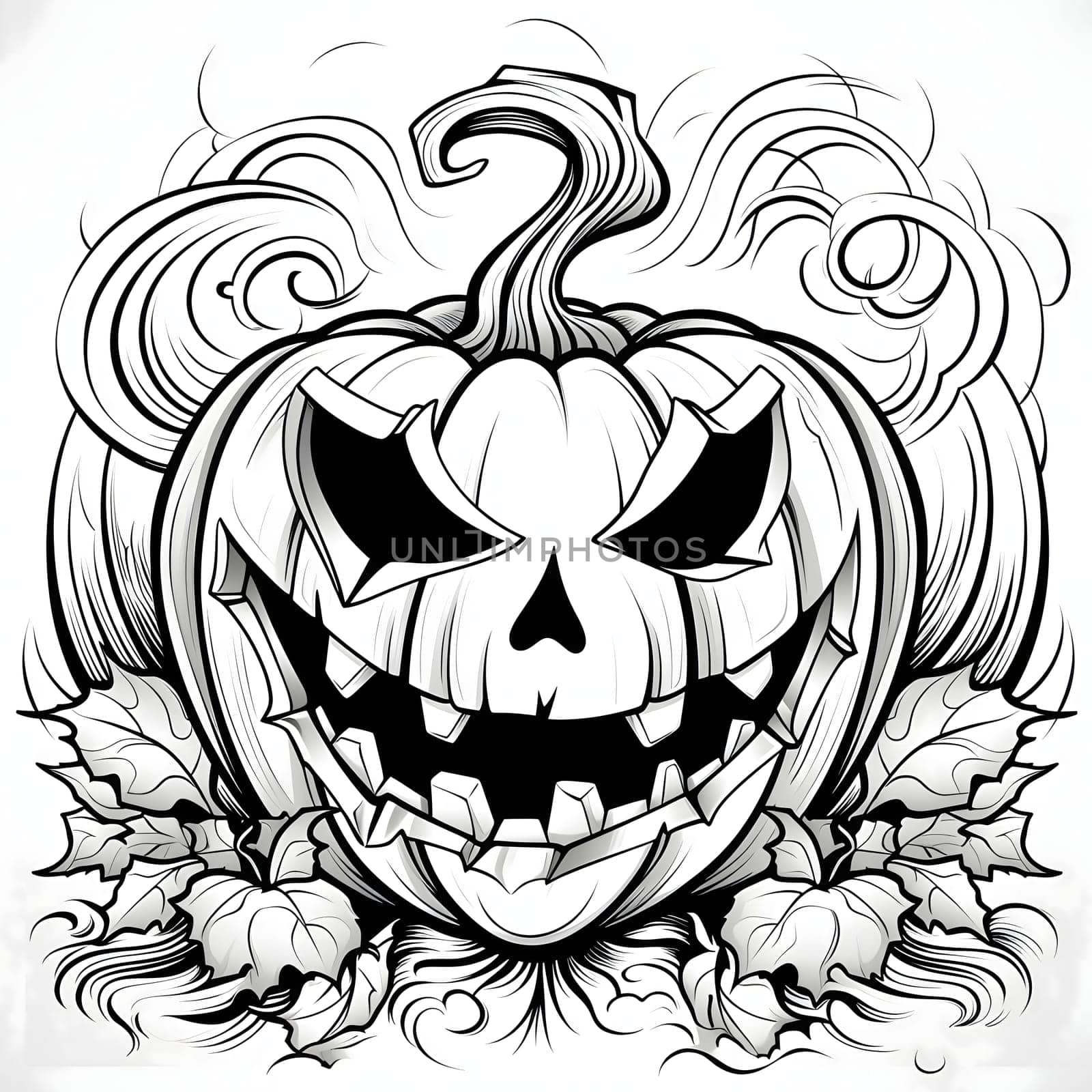 Dark jack-o-lantern pumpkin and surrounding vines and leaves, Halloween black and white picture coloring book. Atmosphere of darkness and fear.