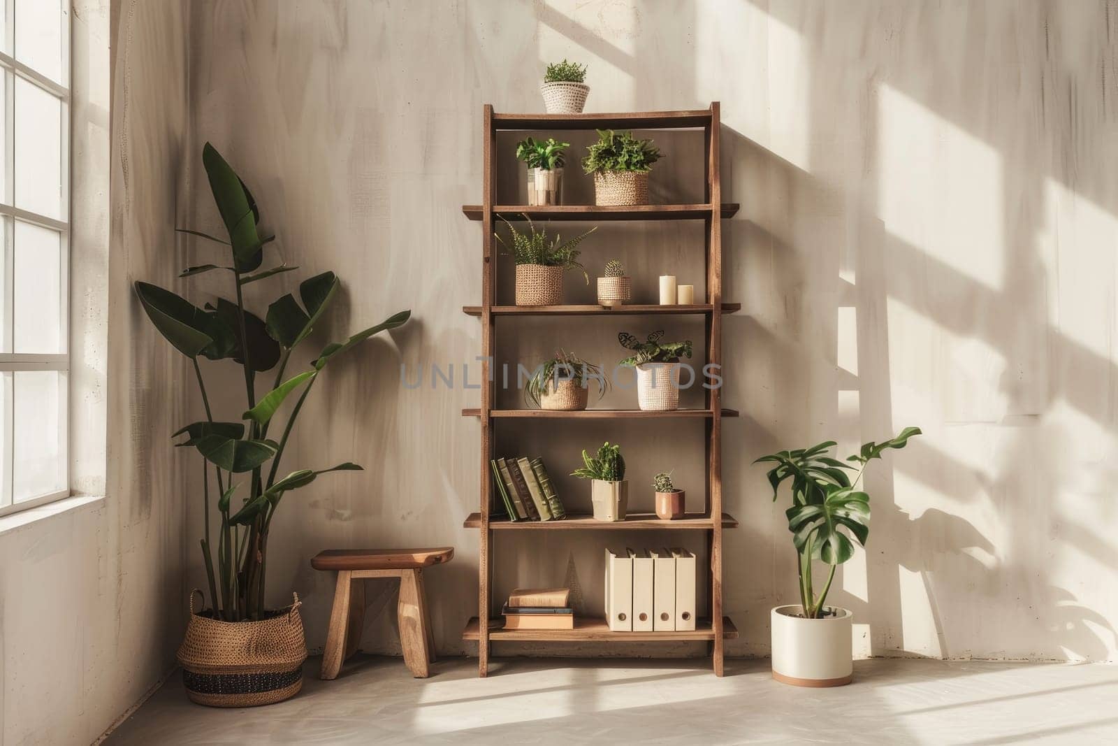 Minimalist workspace with a geometric bookshelf and potted plants. by Chawagen