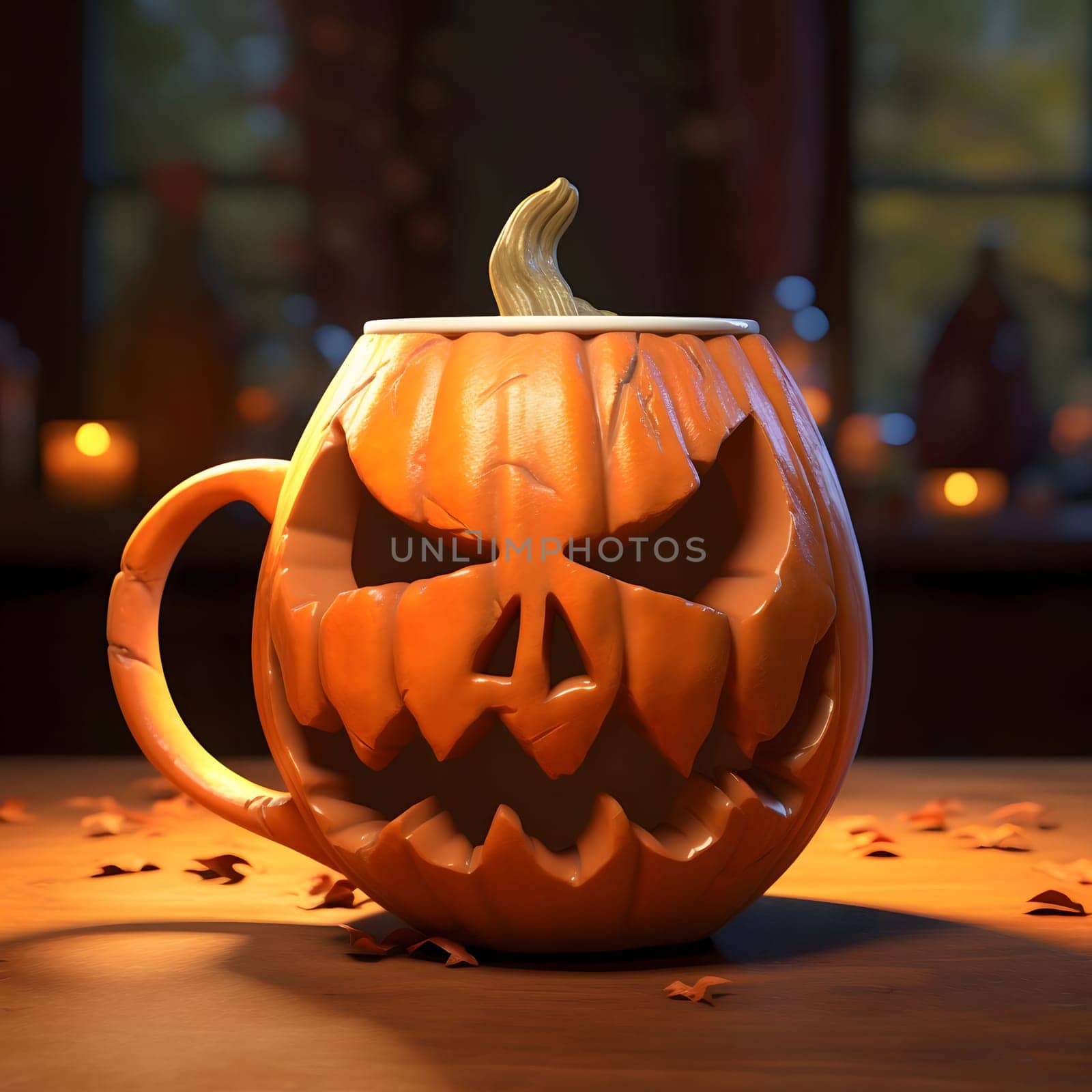 Carved from a pumpkin jack-o-lantern mug, a Halloween image. Atmosphere of darkness and fear.