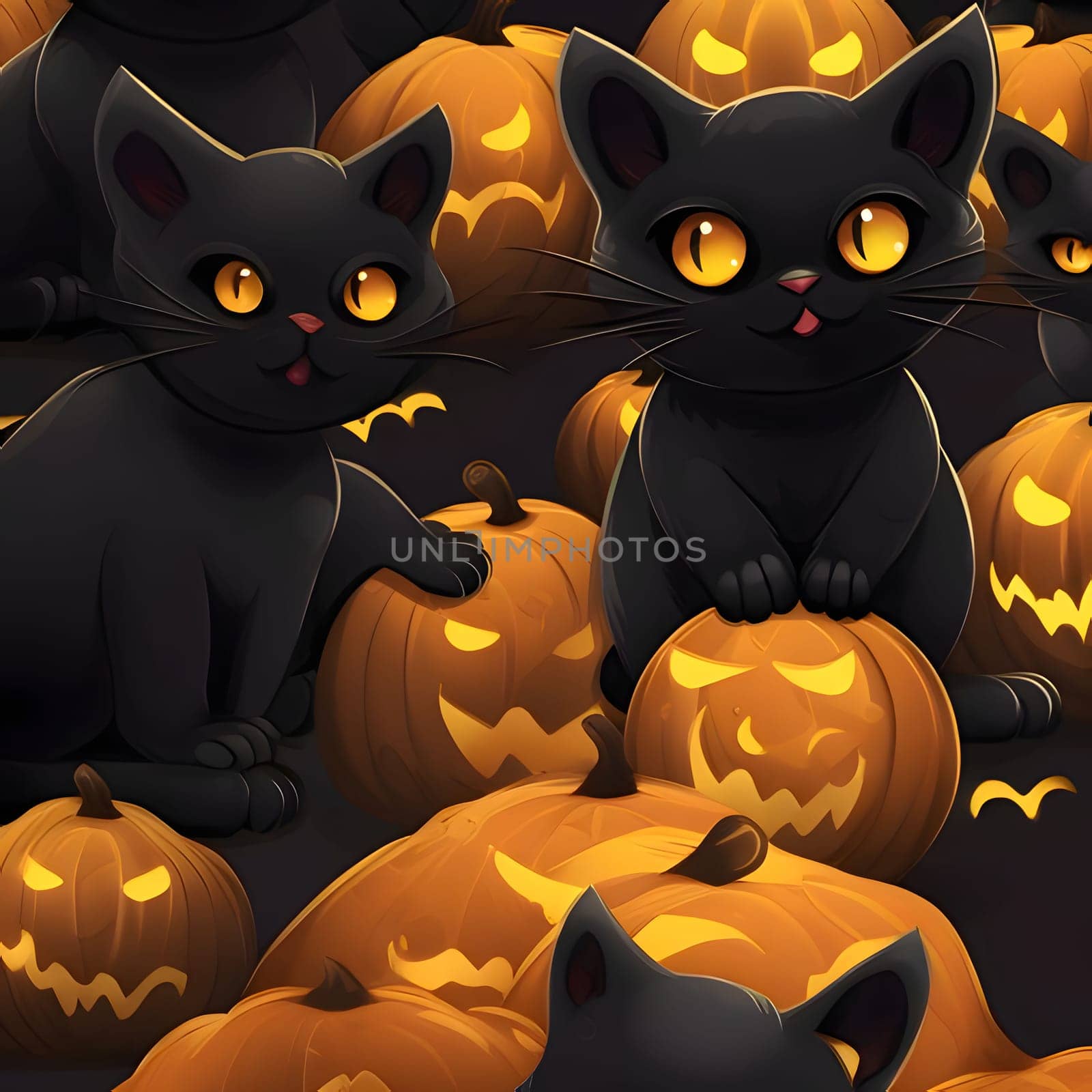 Black cats and glowing jack-o-lantern pumpkins, a Halloween image. by ThemesS