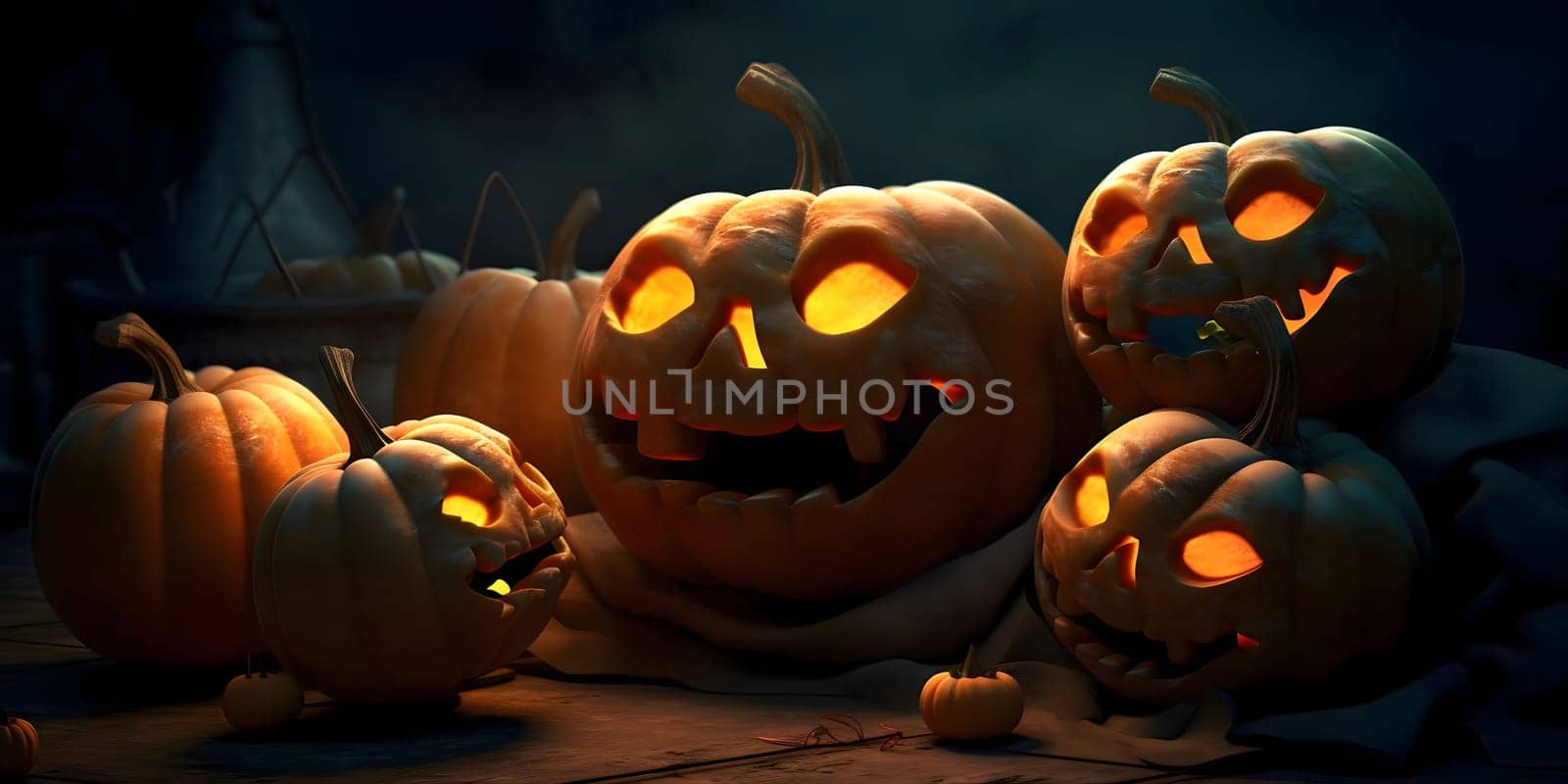 Glowing pumpkin eyes on dark background dark banner, a Halloween image. Atmosphere of darkness and fear.