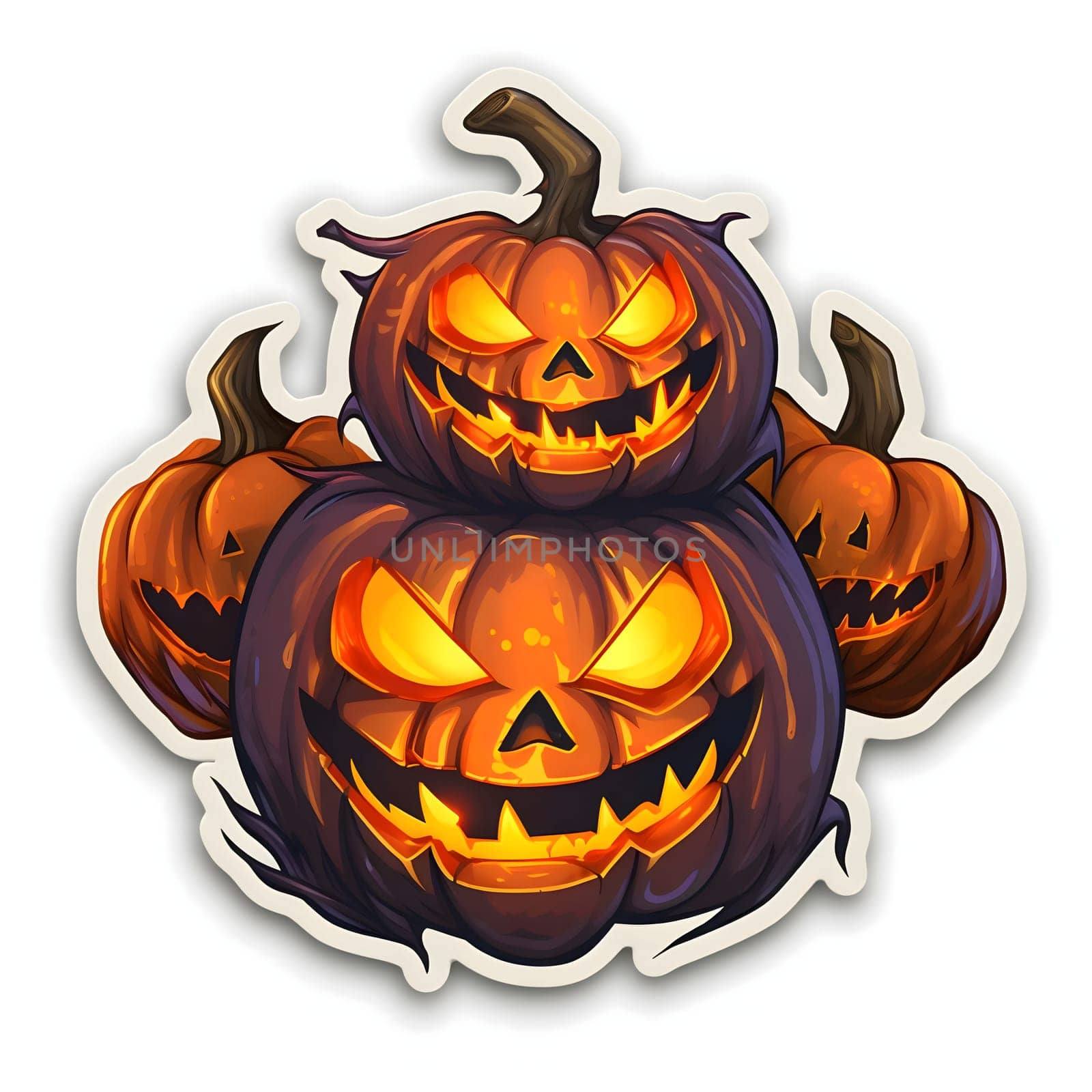 Sticker four jack-o-lantern pumpkins, a Halloween image on a white isolated background. Atmosphere of darkness and fear.