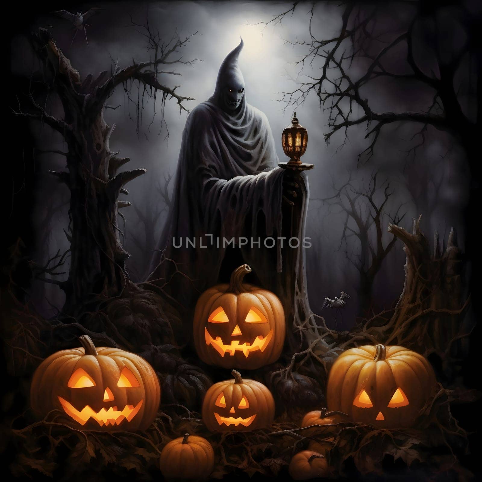A dark figure in the background and a glowing jack-o-lantern pumpkin in an abandoned destroyed forest, a Halloween image. Atmosphere of darkness and fear.