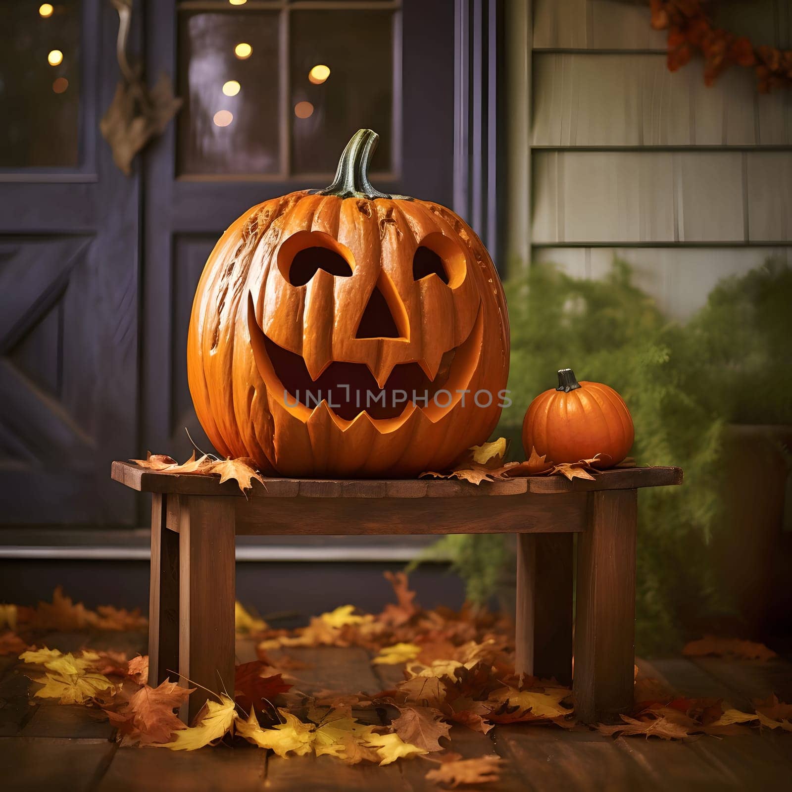 Jack-o-lantern pumpkin on a wooden bench around small pumpkins autumn leaves and in the background the door of the house, a Halloween image. Atmosphere of darkness and fear.