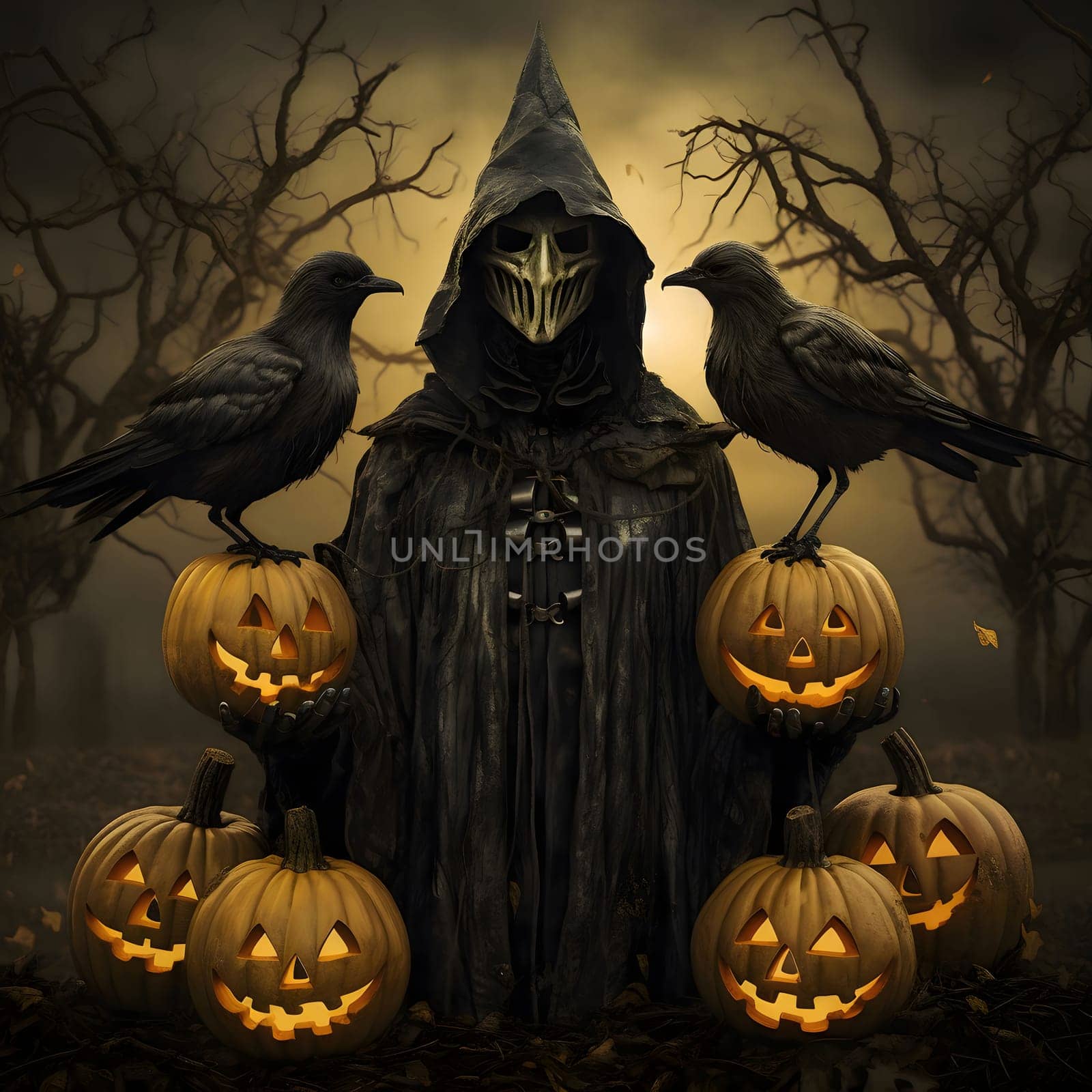 Dark mysterious black figure with two Crows and six glowing jack-o-lanterns against a background of fog, forest, a Halloween image. by ThemesS