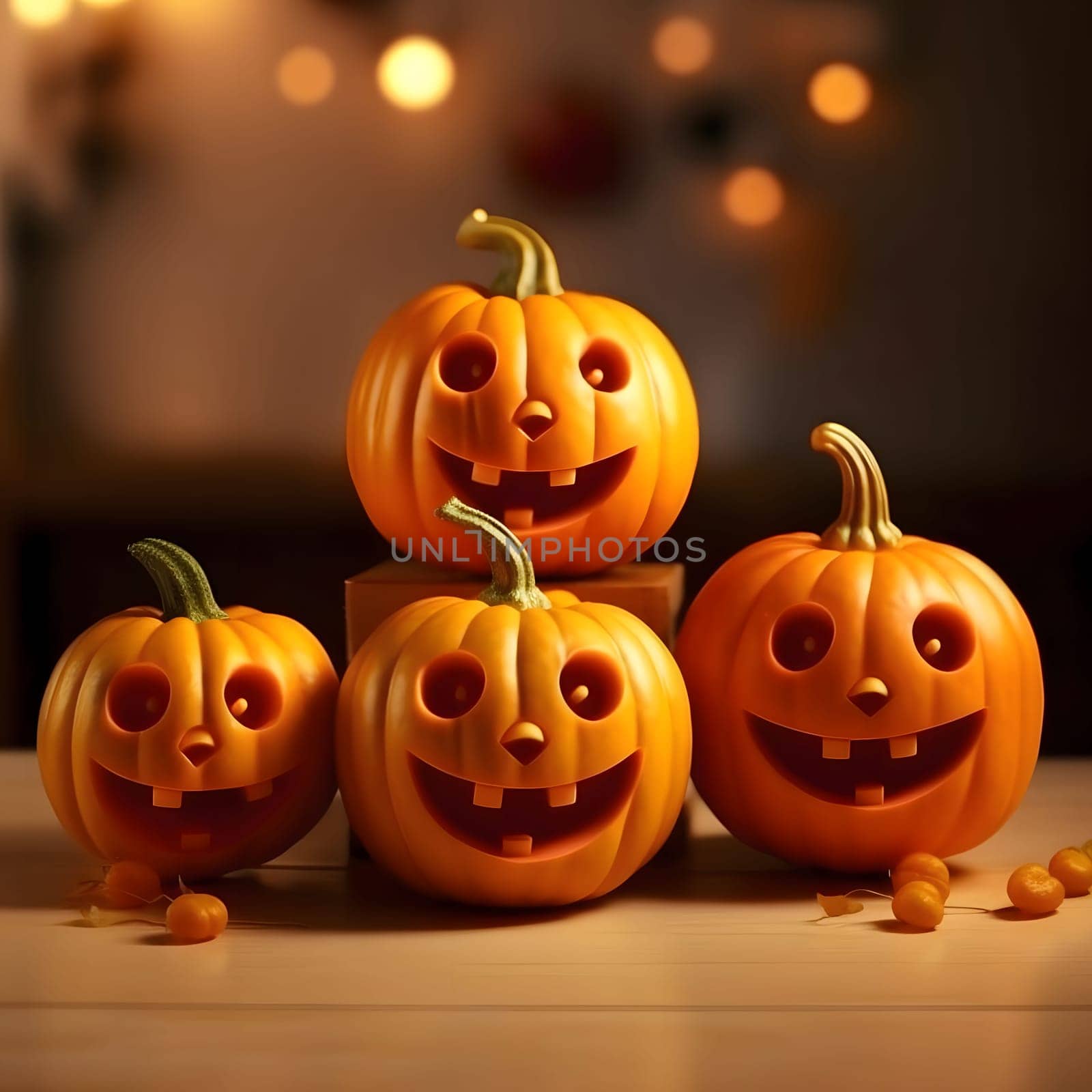 Four small, stacked side by side smiling gouged jack-o-lantern pumpkins on a smudged background, a Halloween image. Atmosphere of darkness and fear.