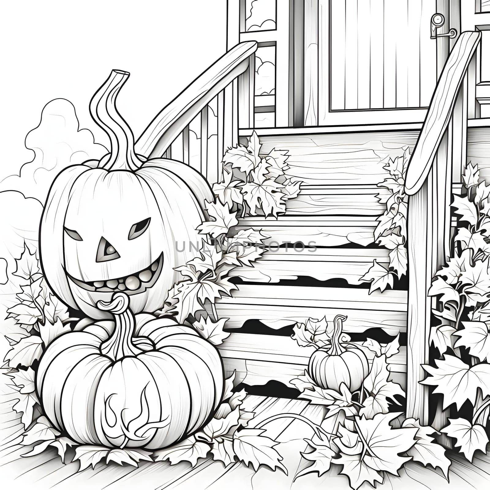 Two pumpkins and leaves on the wooden staircase leading to the house, Halloween black and white picture coloring book. by ThemesS
