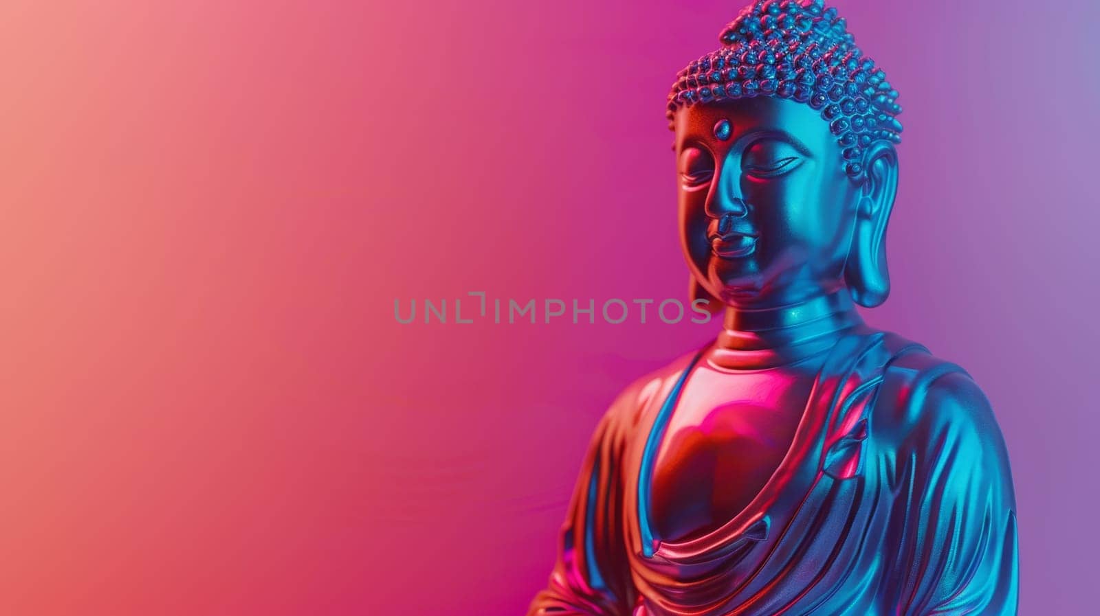 Colorful neon lit Buddha statue on gradient background.