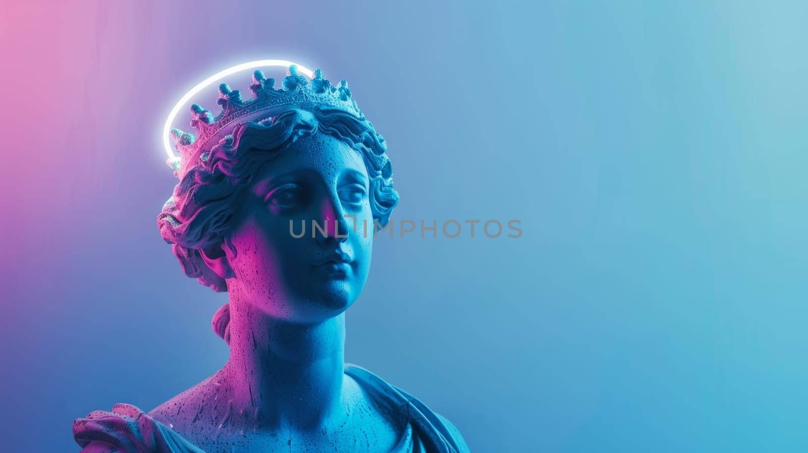 Neon-lit classical bust with crown.