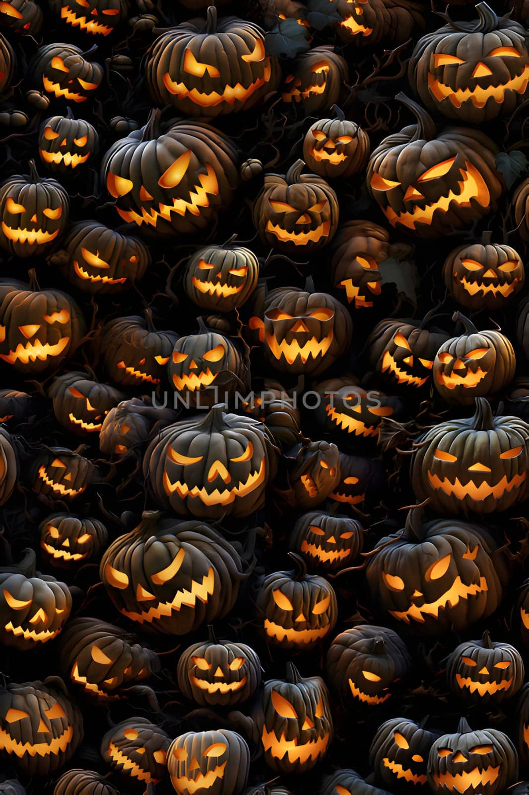 Elegant and modern. Luminously eyes jack-o-lantern pumpkins as abstract background, wallpaper, banner, texture design with pattern - vector. Black colors.