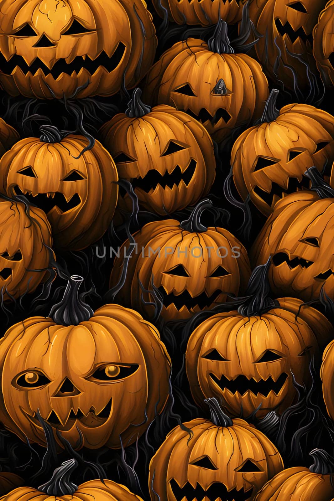 Elegant and modern. Jack-o-lantern pumpkins as abstract background, wallpaper, banner, texture design with pattern - vector. Black colors.