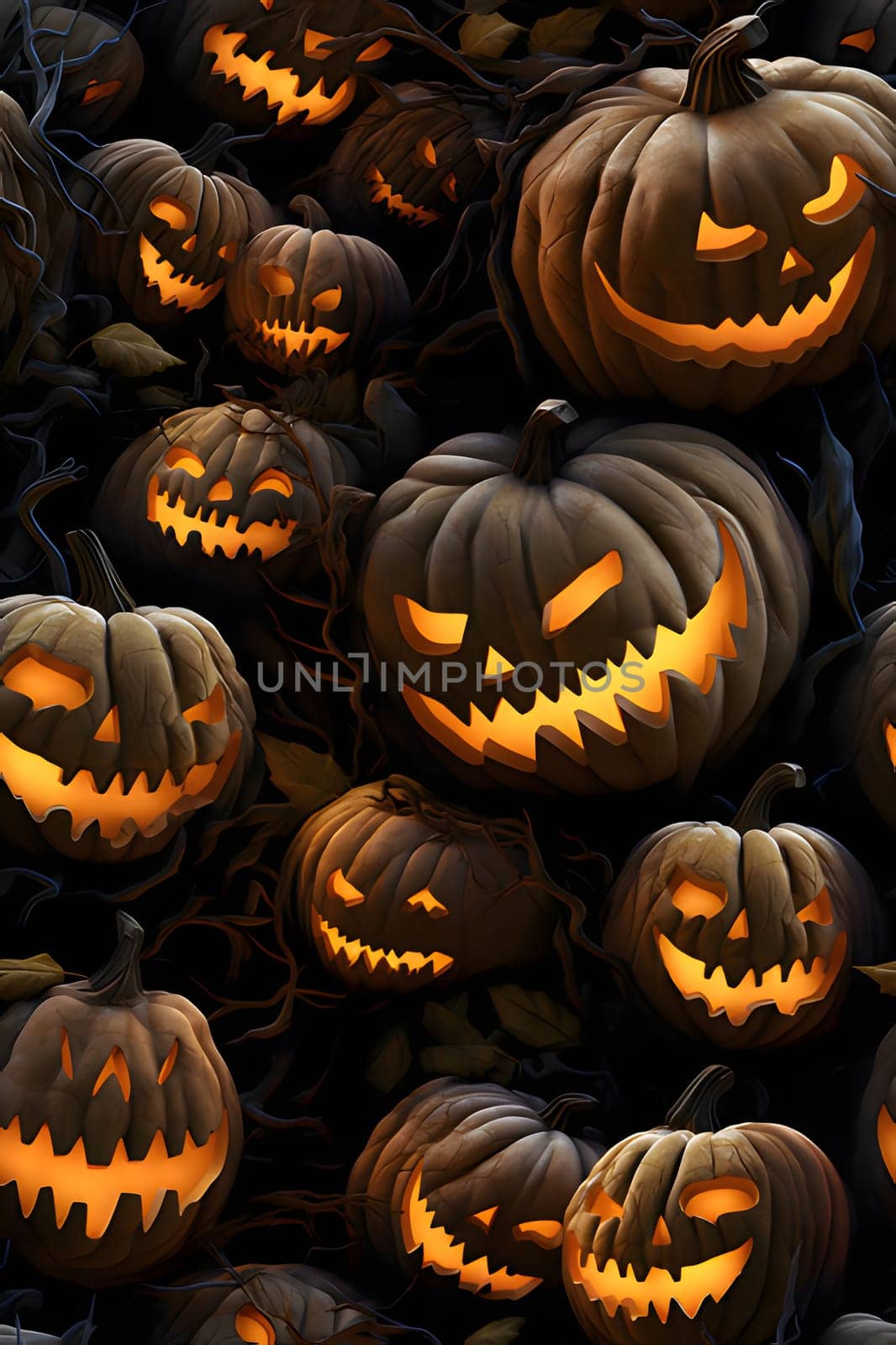 Luminously eyes jack-o-lantern pumpkins as abstract background, wallpaper, banner, texture design with pattern - vector. Black colors. by ThemesS