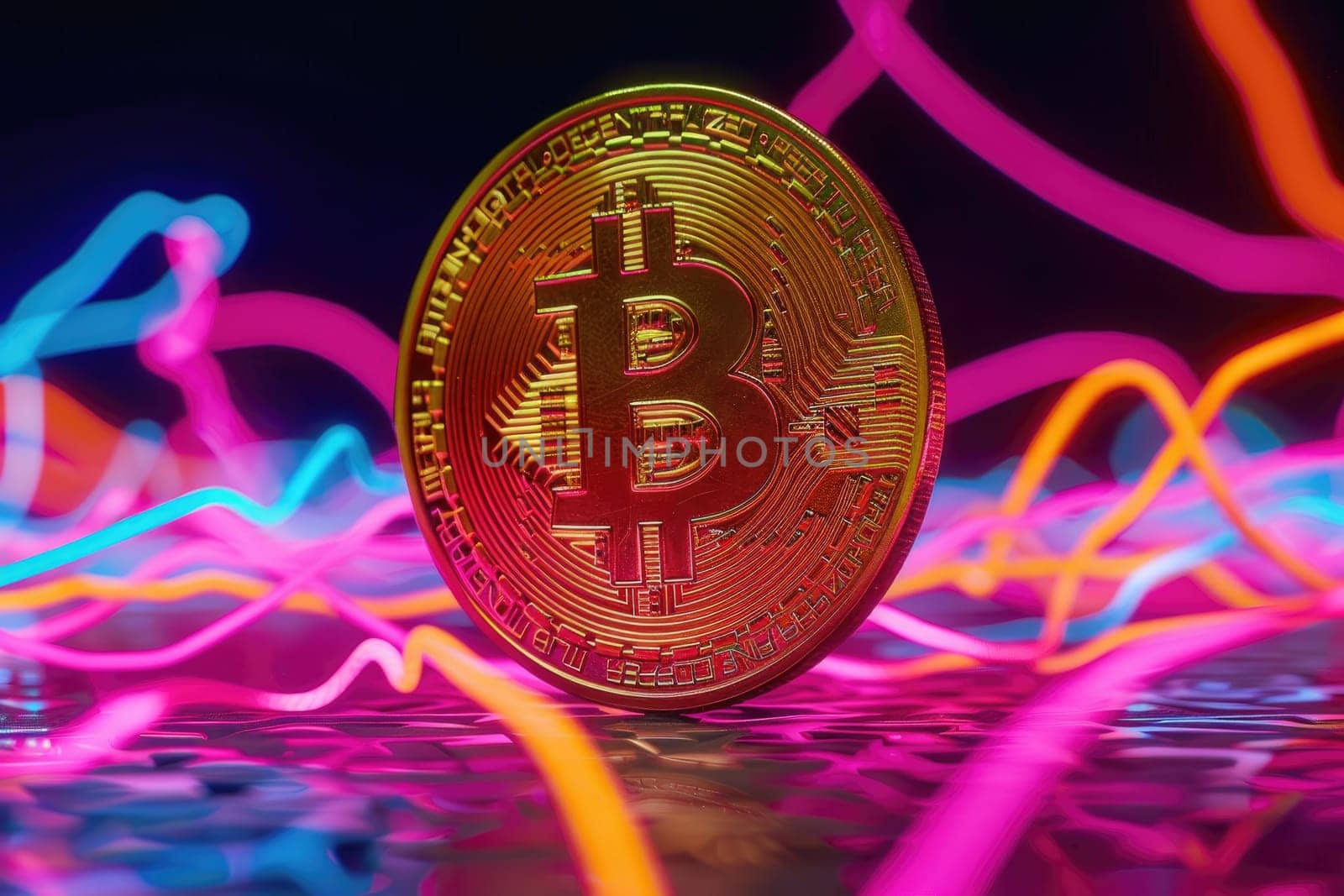 Bitcoin coin is cast in golden, the digital pulse of cryptocurrencies. by Chawagen