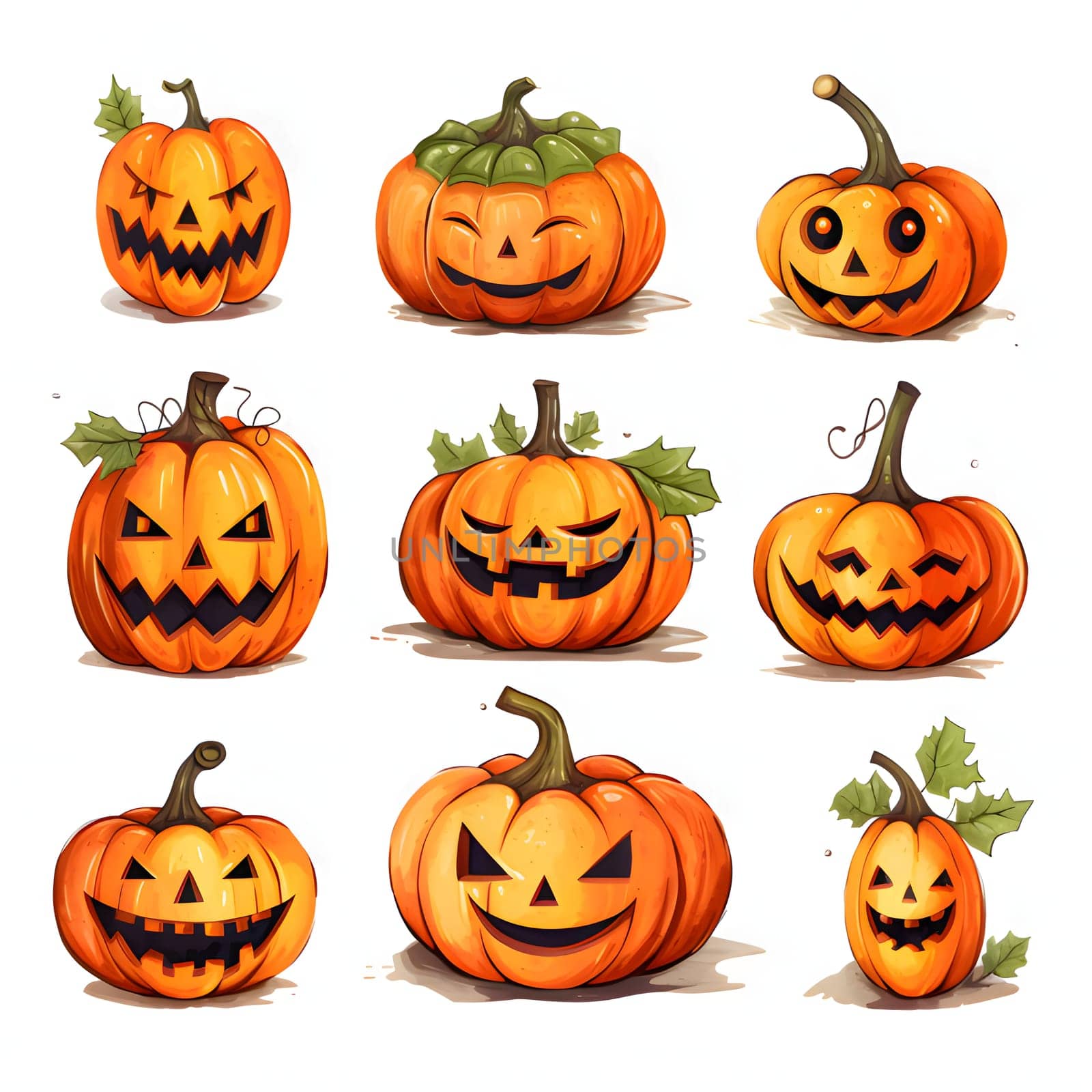 Nine different pumpkins to choose from, a Halloween image on a white isolated background. Atmosphere of darkness and fear.