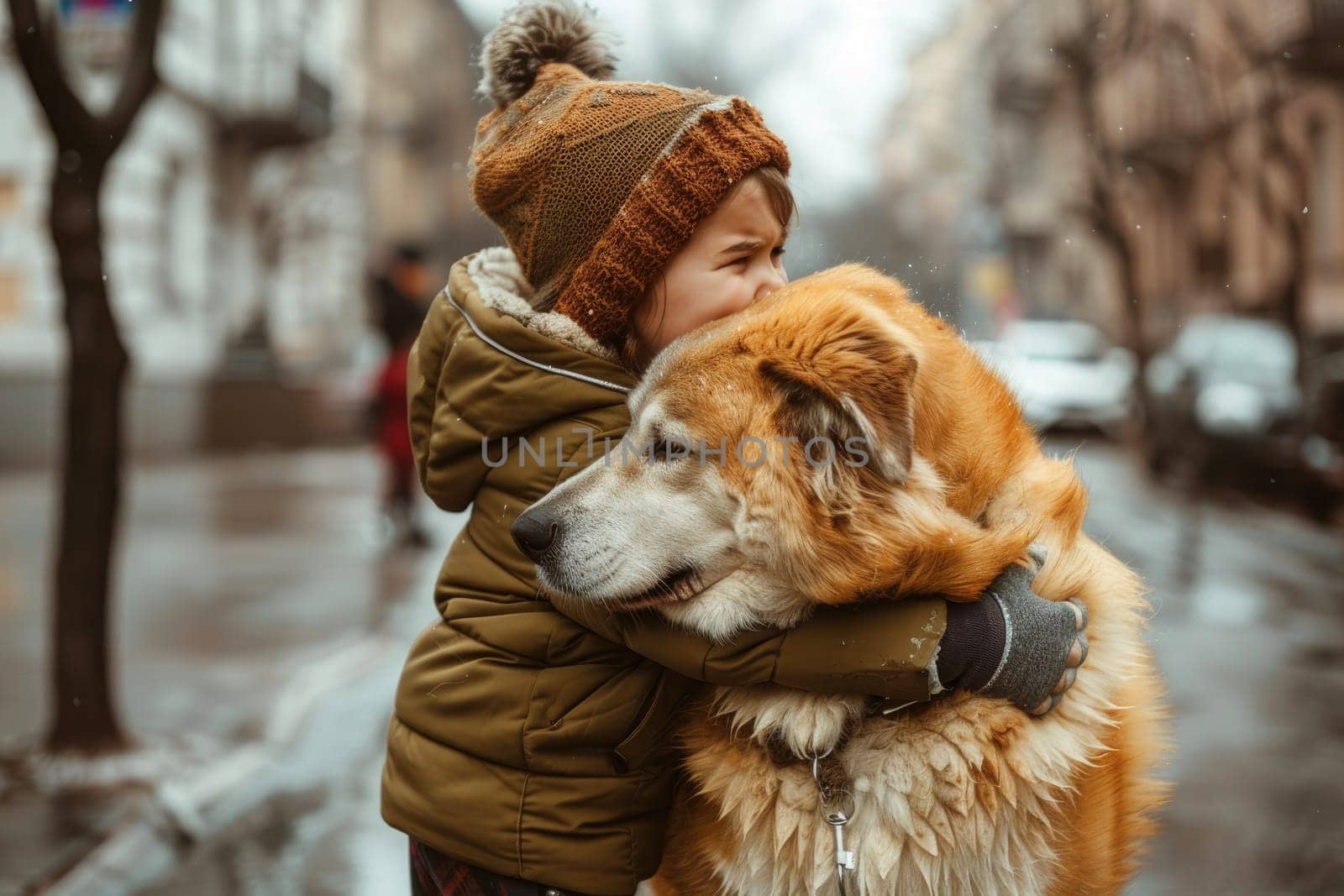 A child hugs a large dog around the neck and cries in the middle of a damp street. by Chawagen