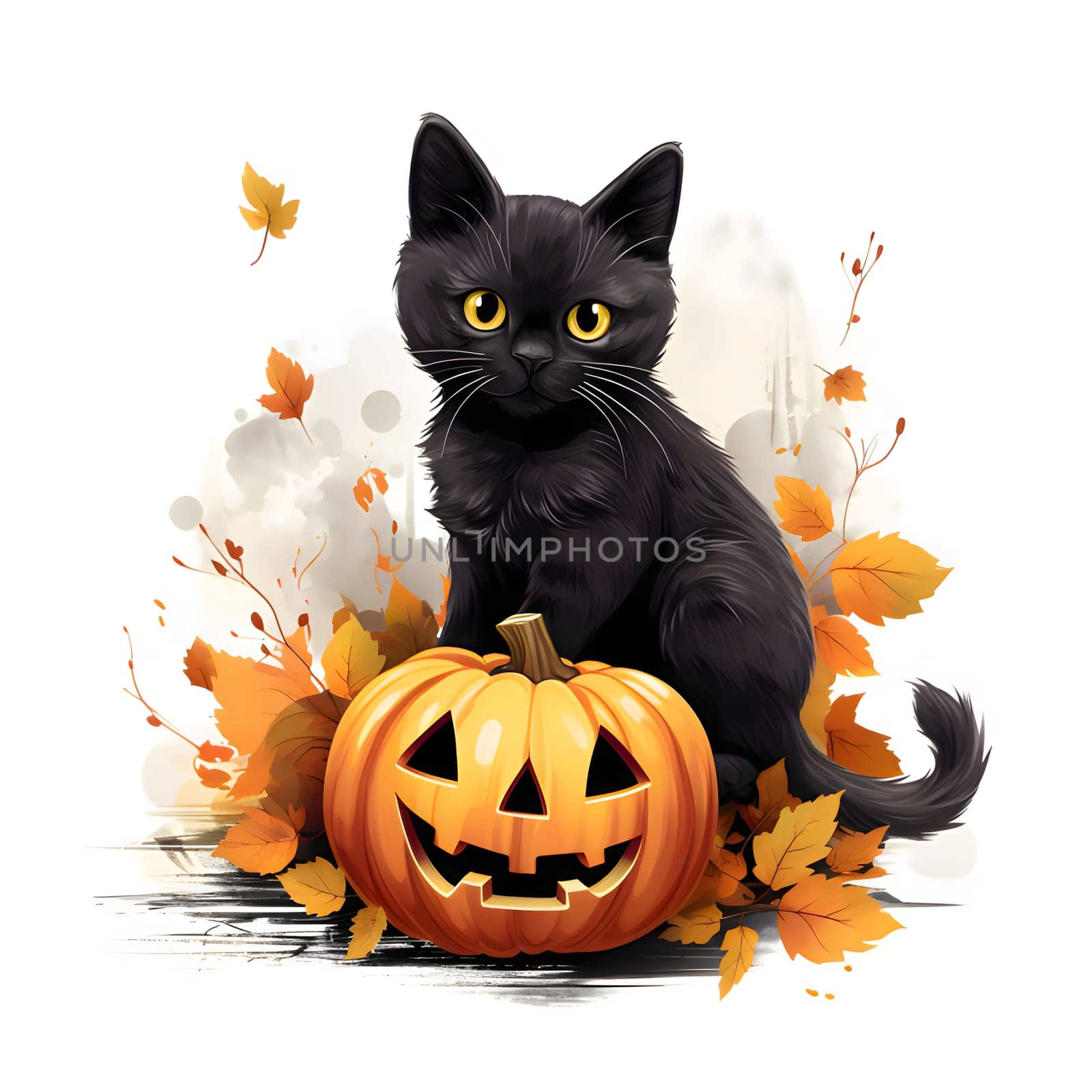 Small Black cat on leaves next to jack-o-lantern pumpkin, a Halloween image on a white isolated background. Atmosphere of darkness and fear.