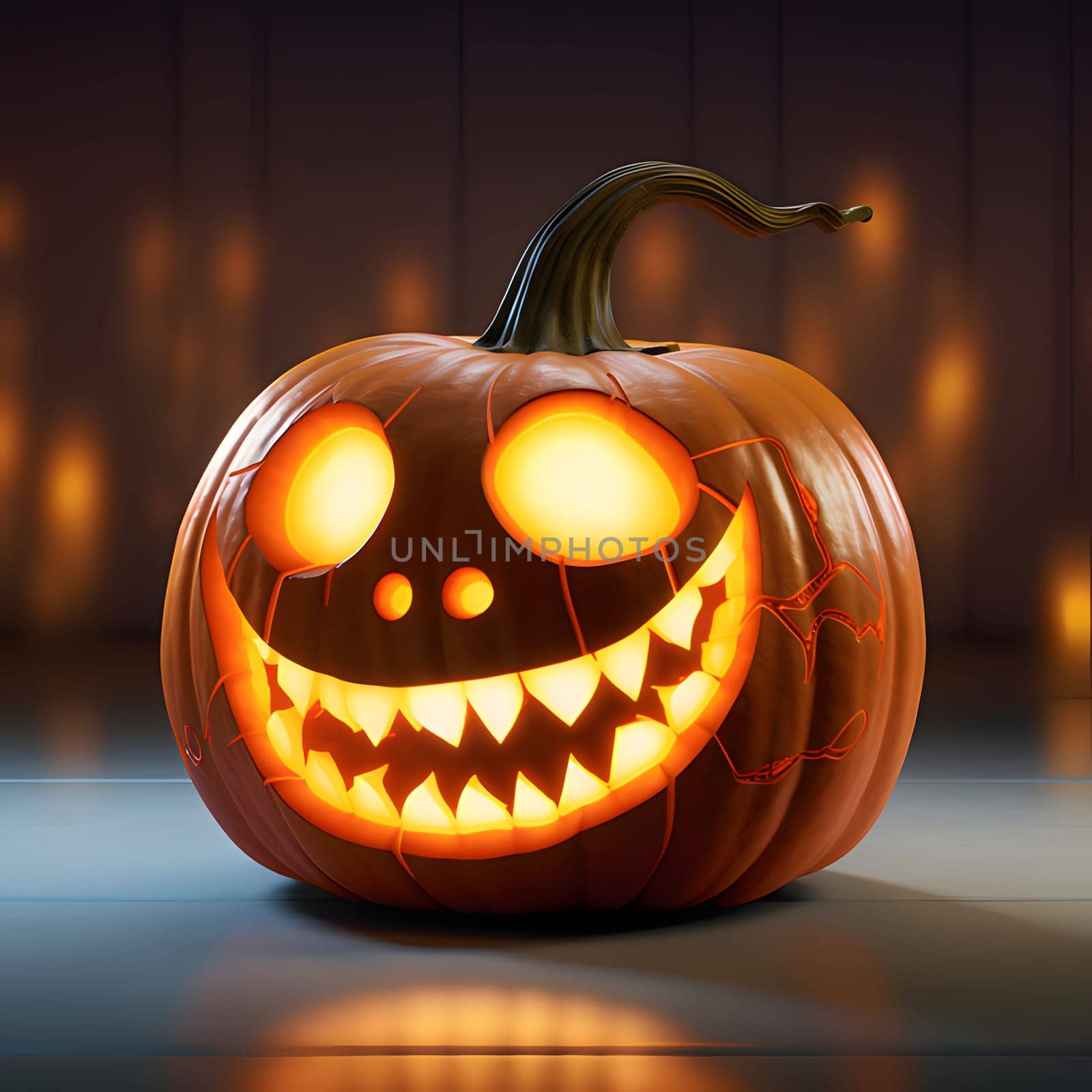 Giant glowing gouged jack-o-lantern pumpkin on a solid background, a Halloween image. Atmosphere of darkness and fear.