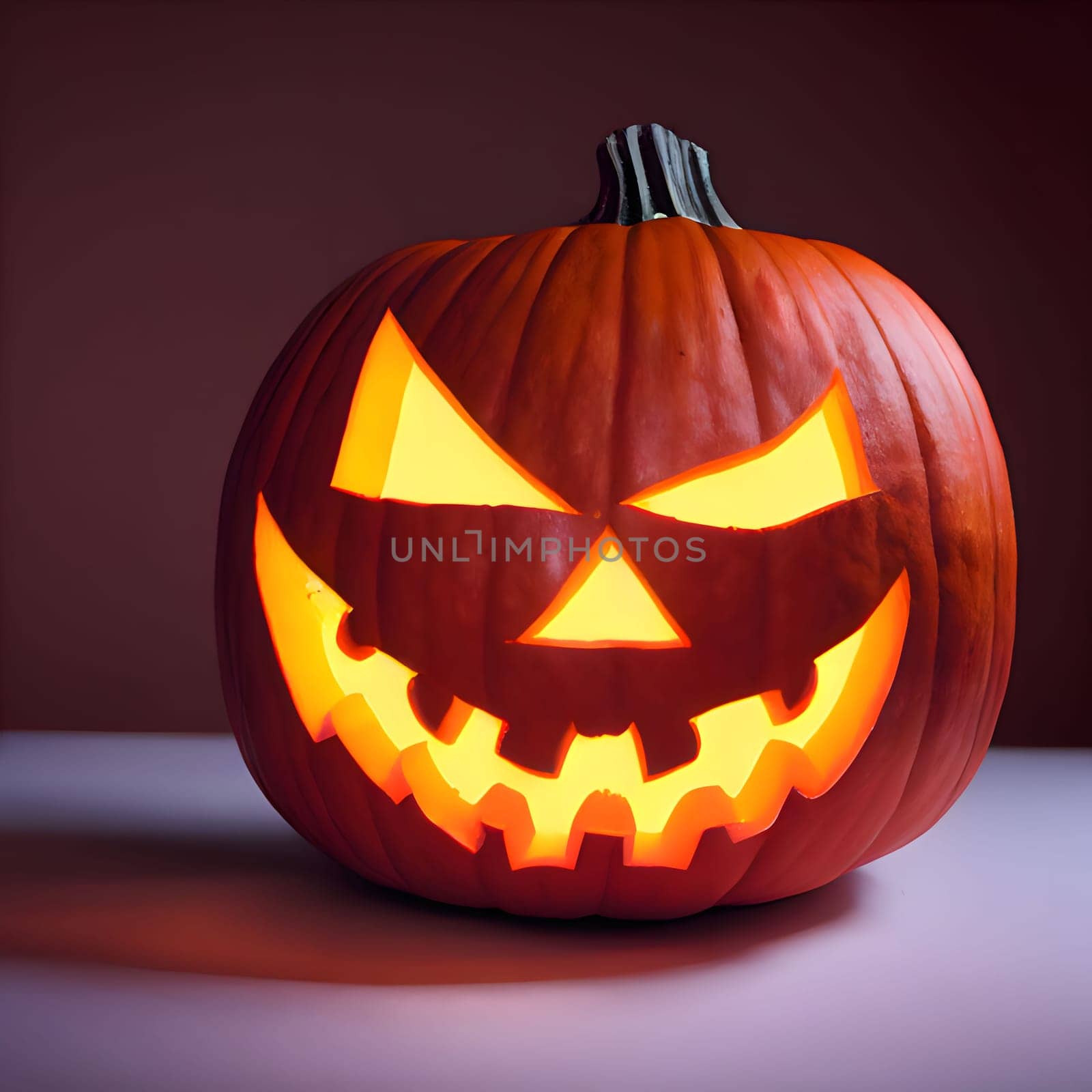 Giant glowing gouged jack-o-lantern pumpkin on a solid background, a Halloween image. Atmosphere of darkness and fear.