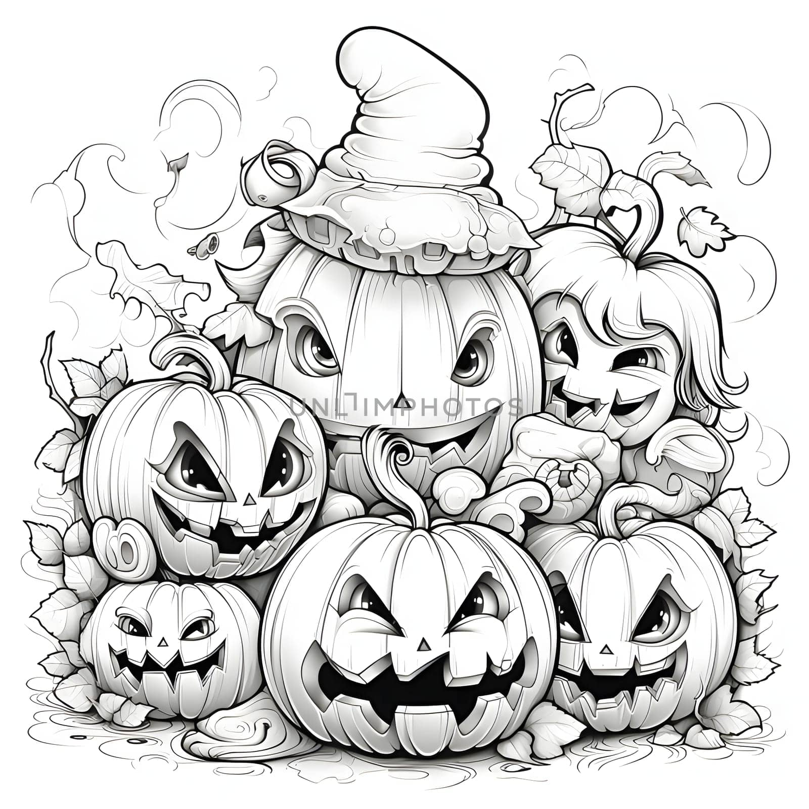 Six jack-o-lantern pumpkins with different facial expressions, Halloween black and white picture coloring book. Atmosphere of darkness and fear.