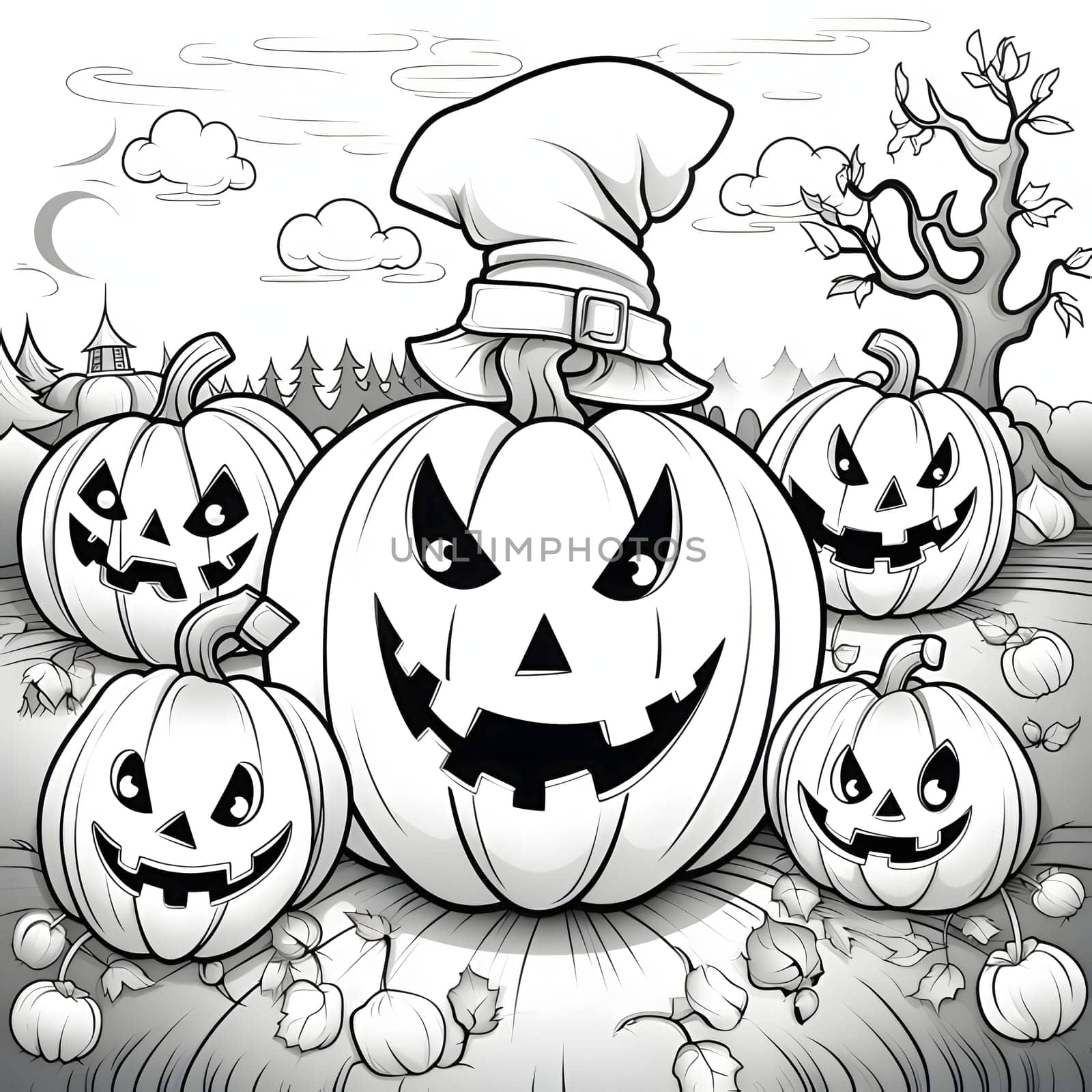 Five jack-o-lantern pumpkins with different facial expressions, Halloween black and white picture coloring book. Atmosphere of darkness and fear.