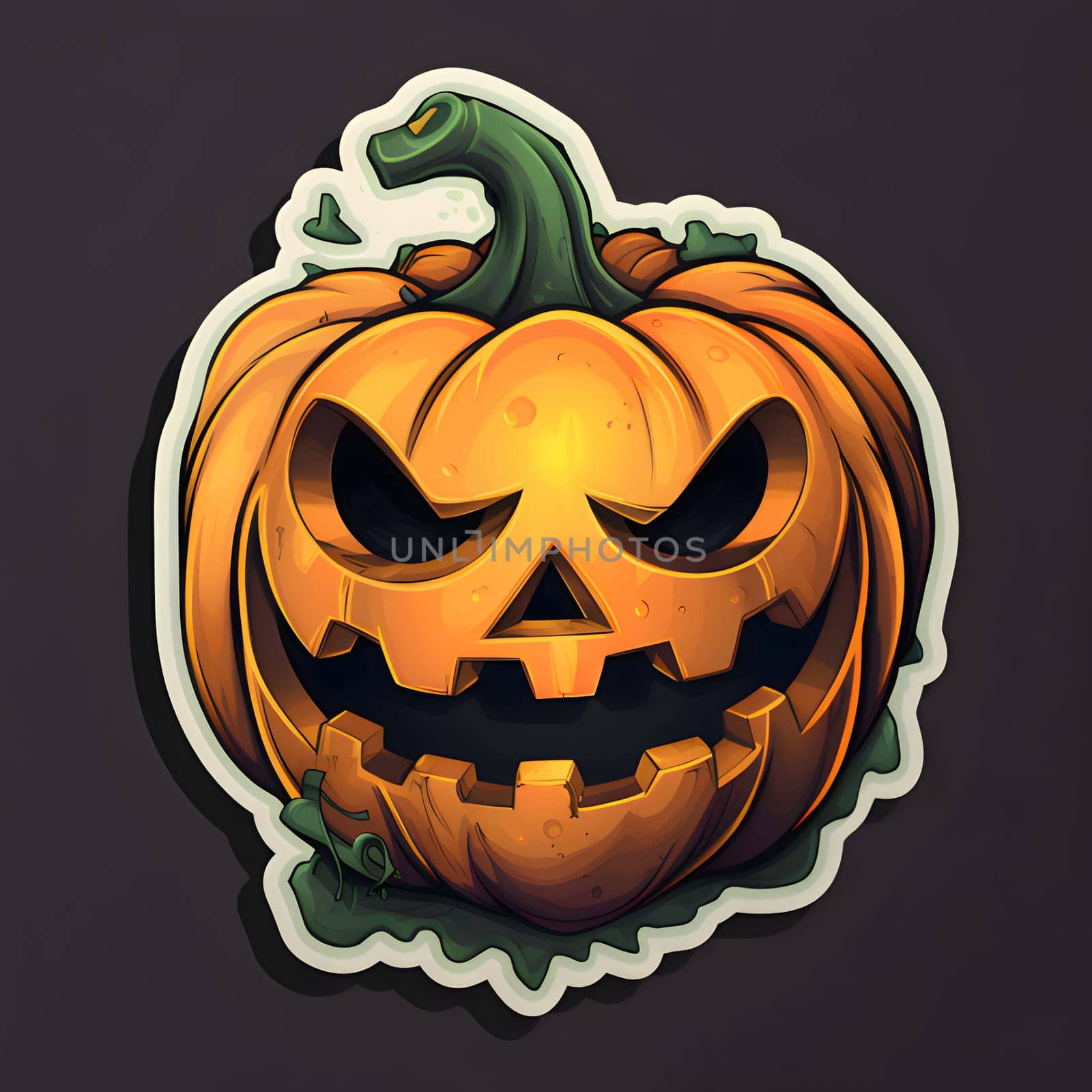 Sticker dark evil jack-o-lantern pumpkin, Halloween image on a dark isolated background. Atmosphere of darkness and fear.