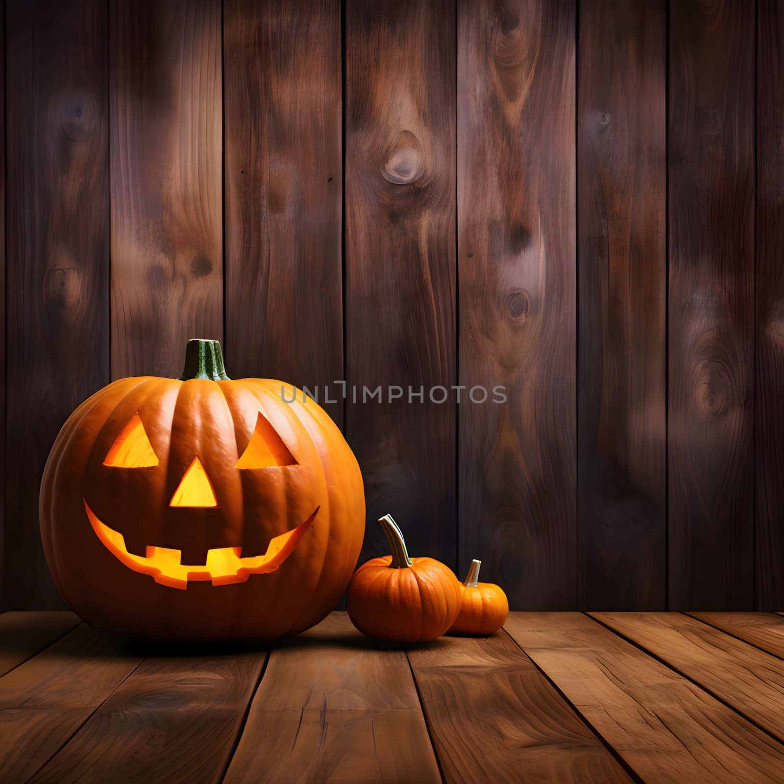 Elegantly arranged small pumpkins and one large jack-o-lantern glowing against wooden boards, a banner and space for your own content, a Halloween image. Atmosphere of darkness.