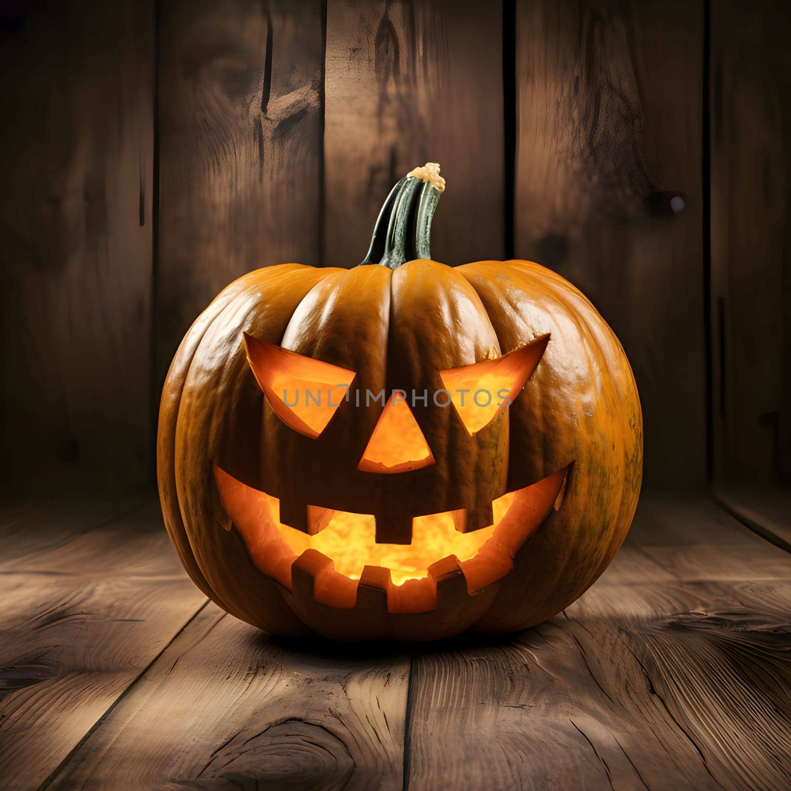 Glowing jack-o-lantern pumpkin on the background of wooden boards, a Halloween image. by ThemesS