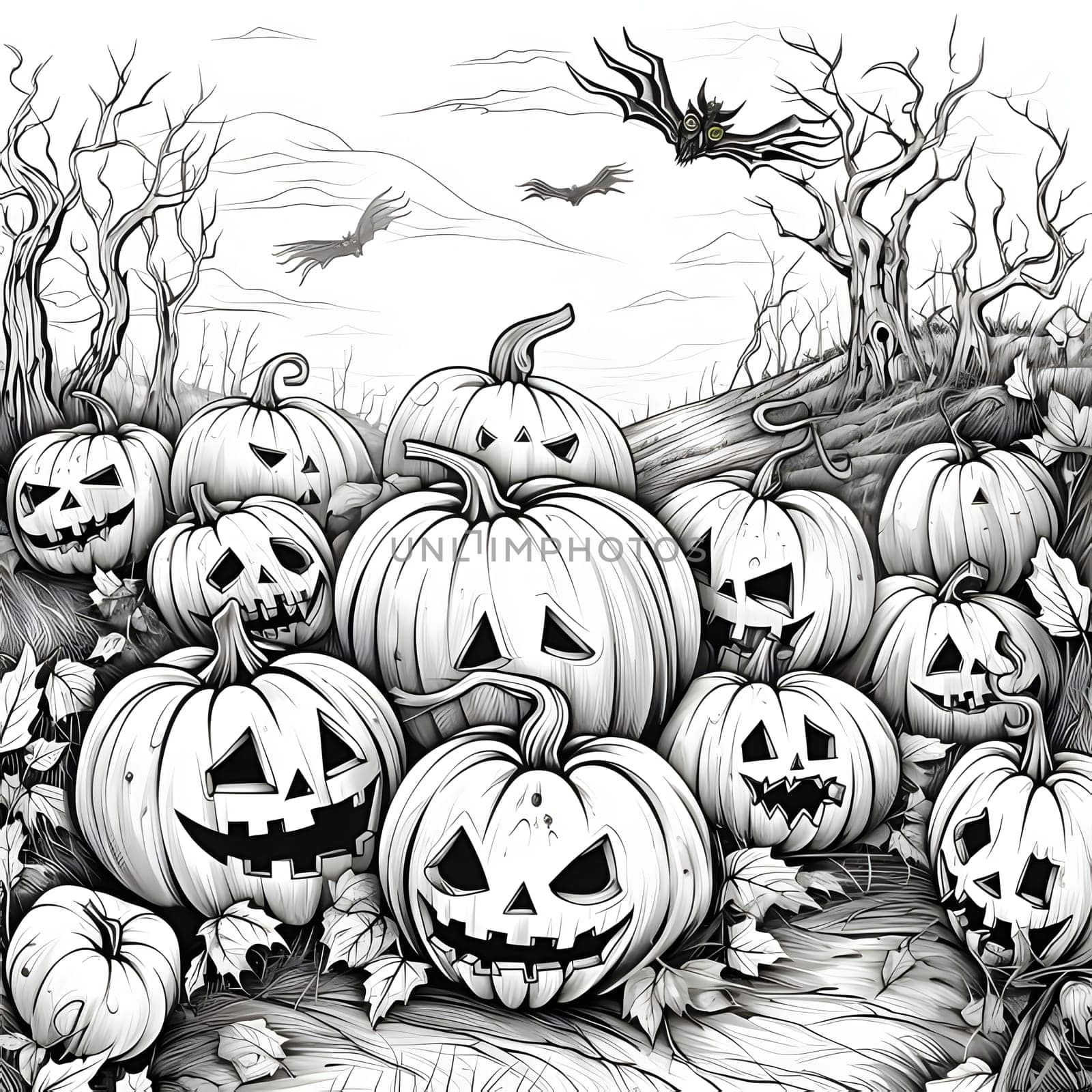 Many dozens of jack-o-lantern pumpkins on the field in the background flying bats and dry trees, Halloween black and white picture coloring book. Atmosphere of darkness and fear.