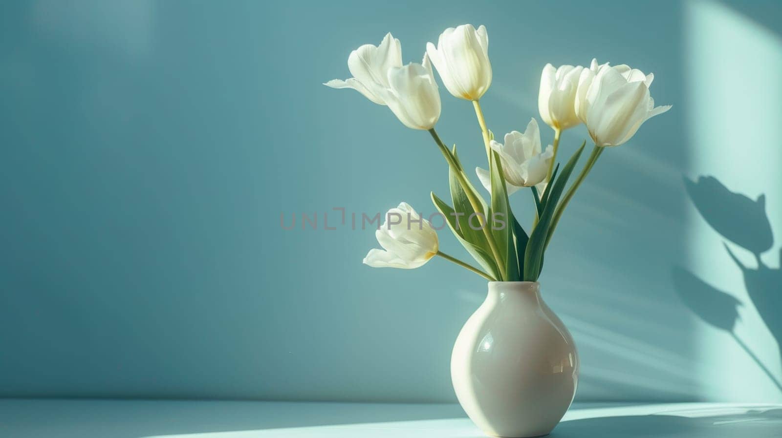 White tulips in a ceramic vase on a blue background.