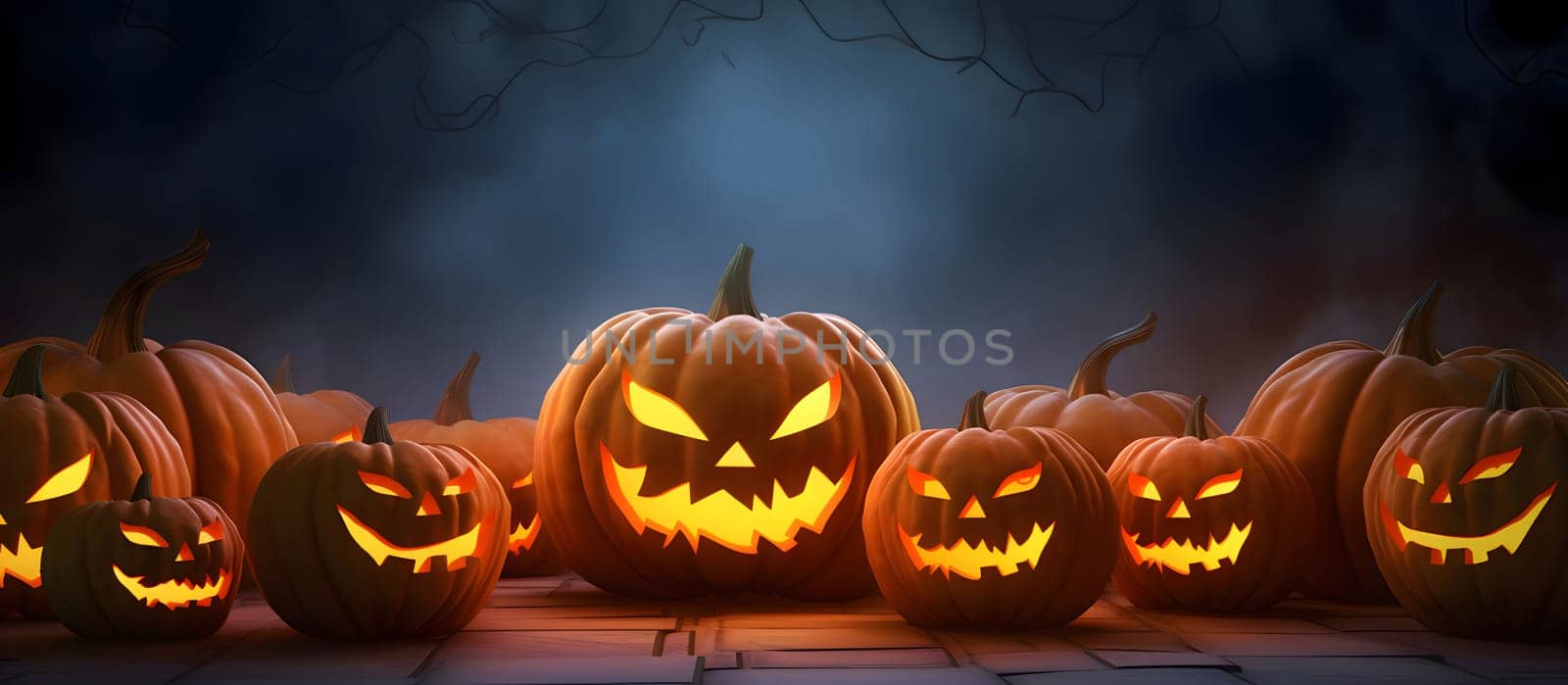 Glowing jack-o-lantern pumpkins in a row., banner with space for your own content. Blank space for the inscription.