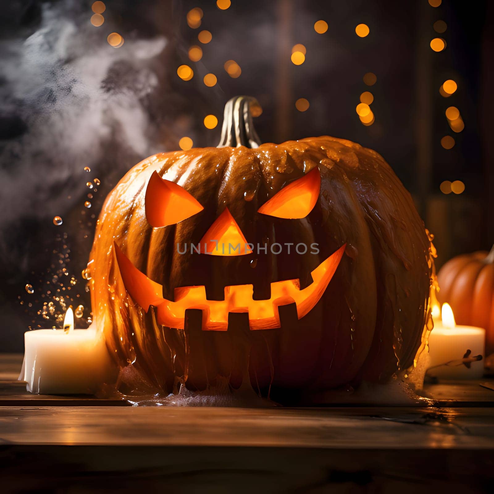Big glowing jack-o-lantern pumpkin around candles in the background bokeh effect and smoke, a Halloween image. Atmosphere of darkness and fear.