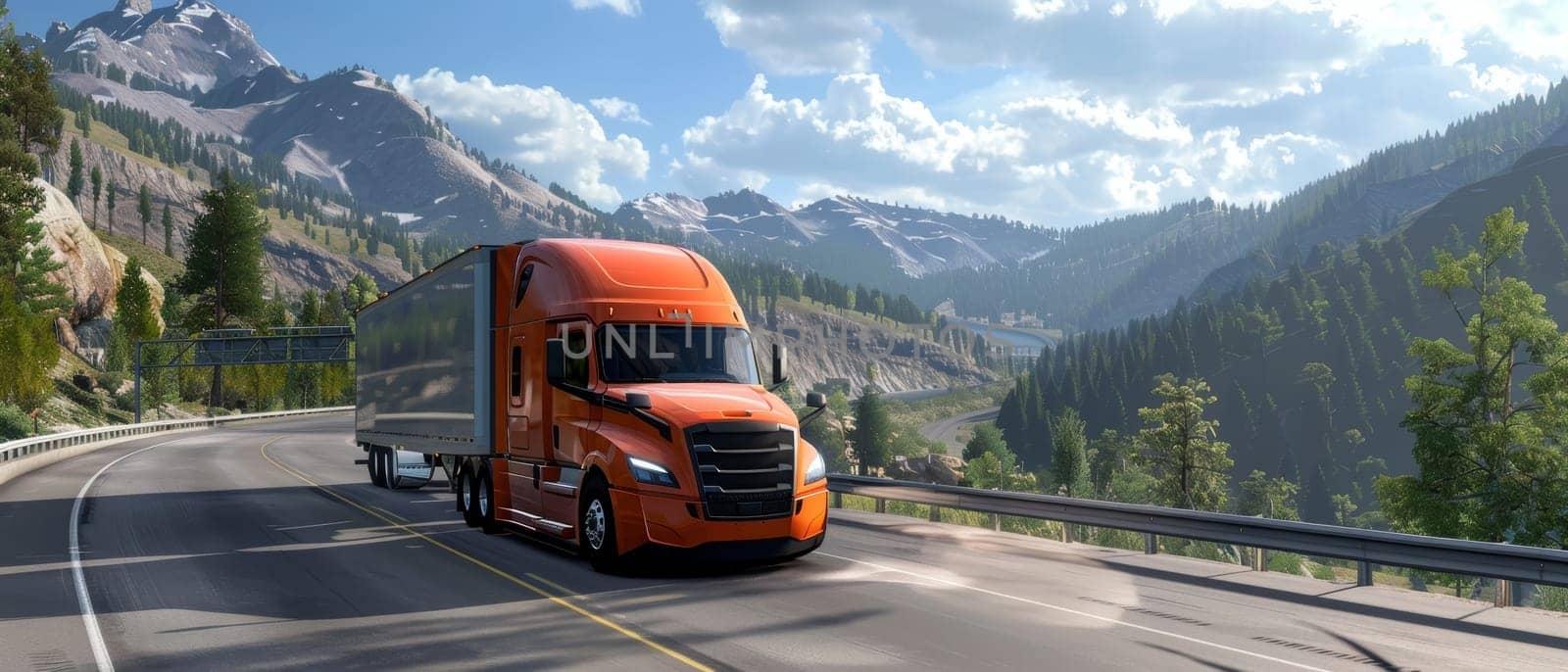 An orange semi truck with trailer travels on a highway winding through a scenic mountain landscape under a clear sky. by sfinks
