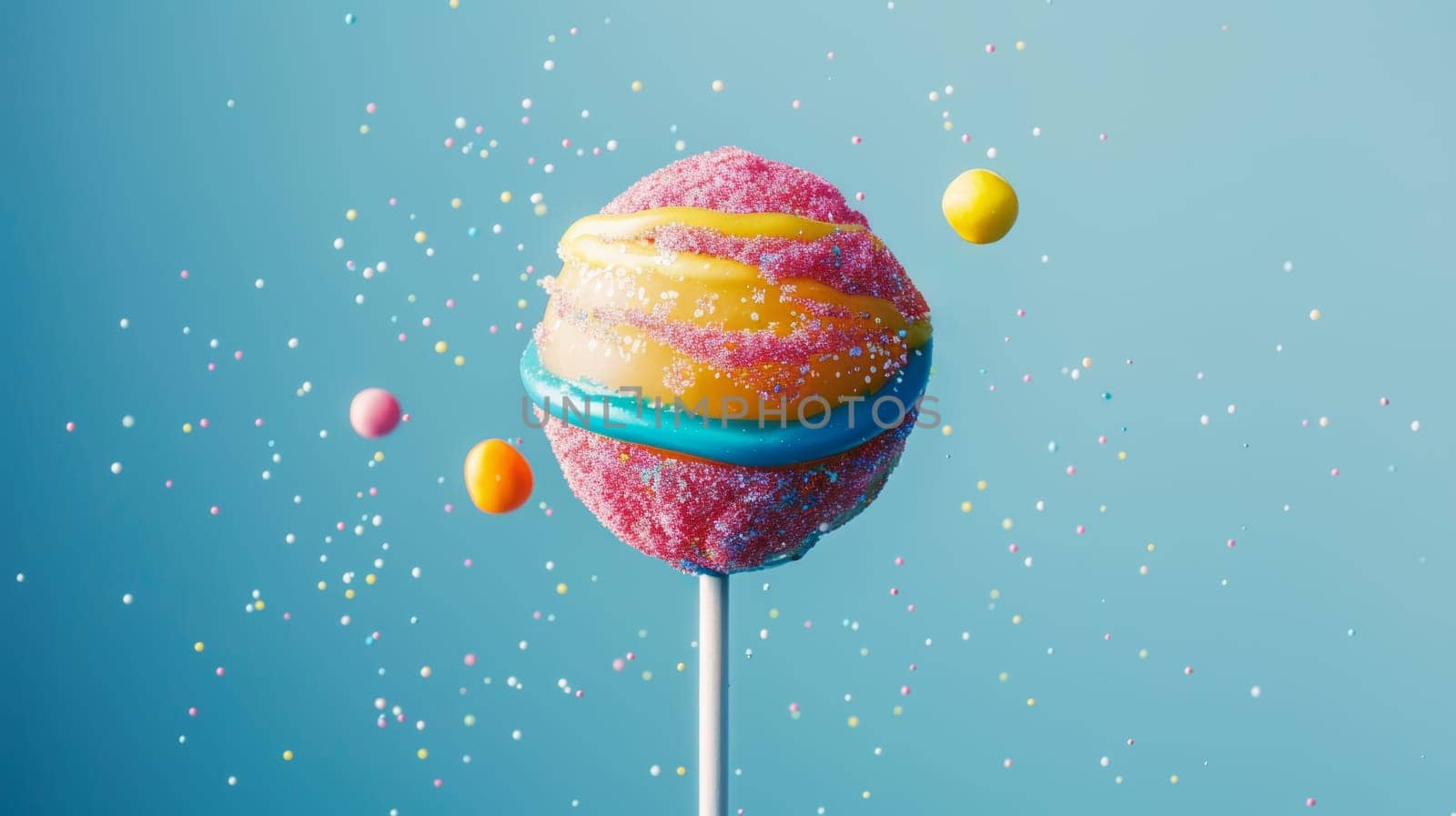 Colorful candy lollipop with sprinkles and floating candies on blue background.