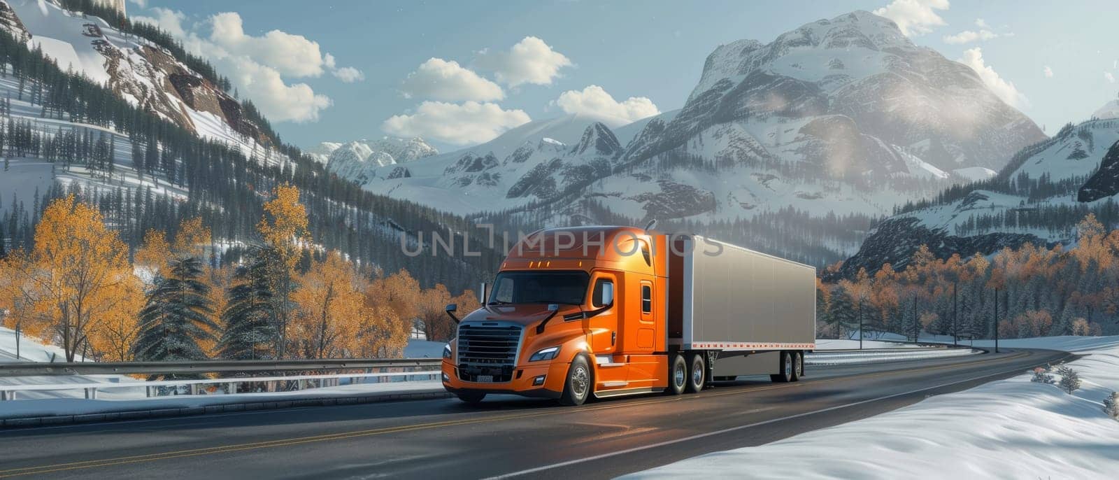 An orange semi truck drives along a snow-lined mountain road with golden aspen trees against snowy peaks