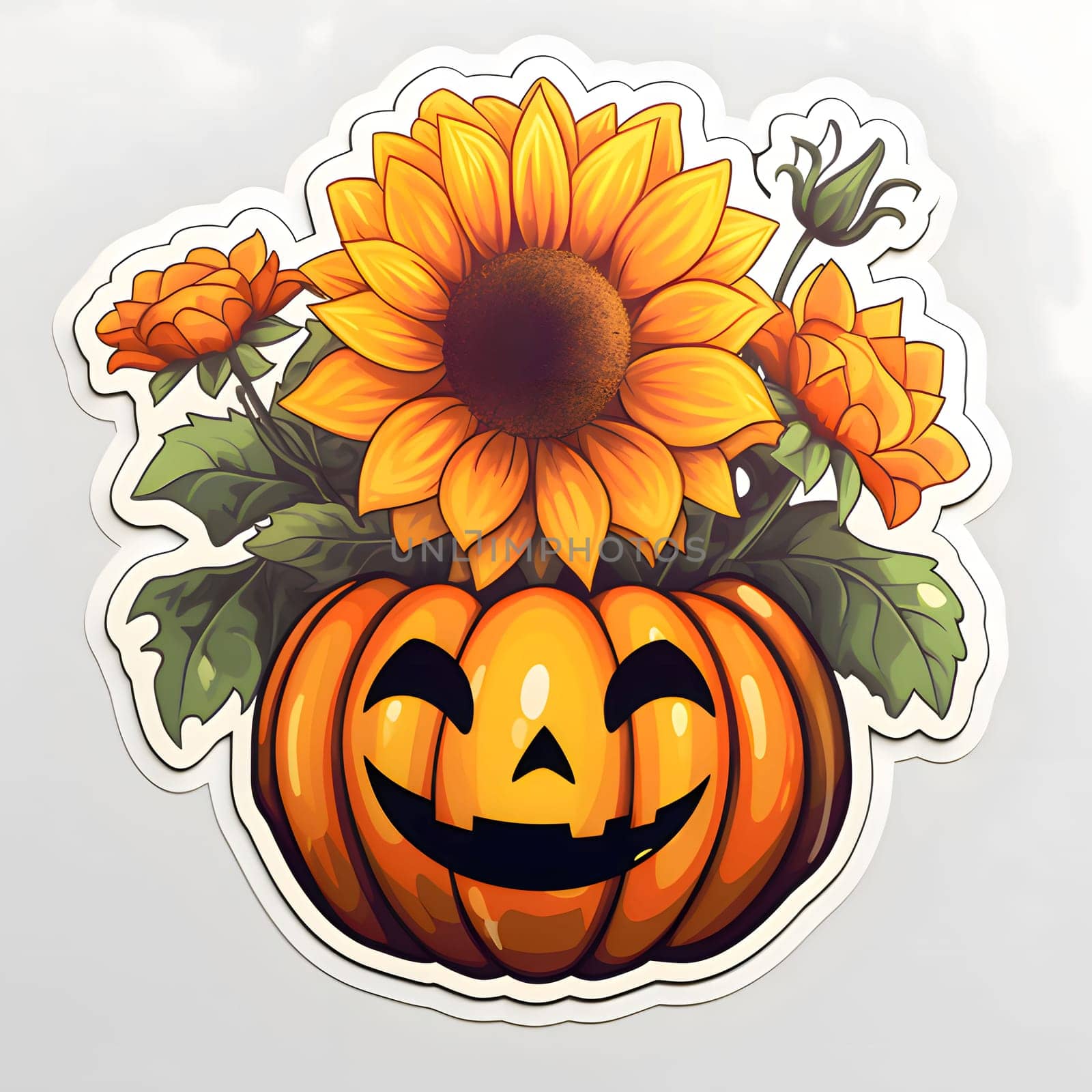 Jack-o-lantern pumpkin sticker with sunflowers, Halloween image on a bright isolated background. Atmosphere of darkness and fear.