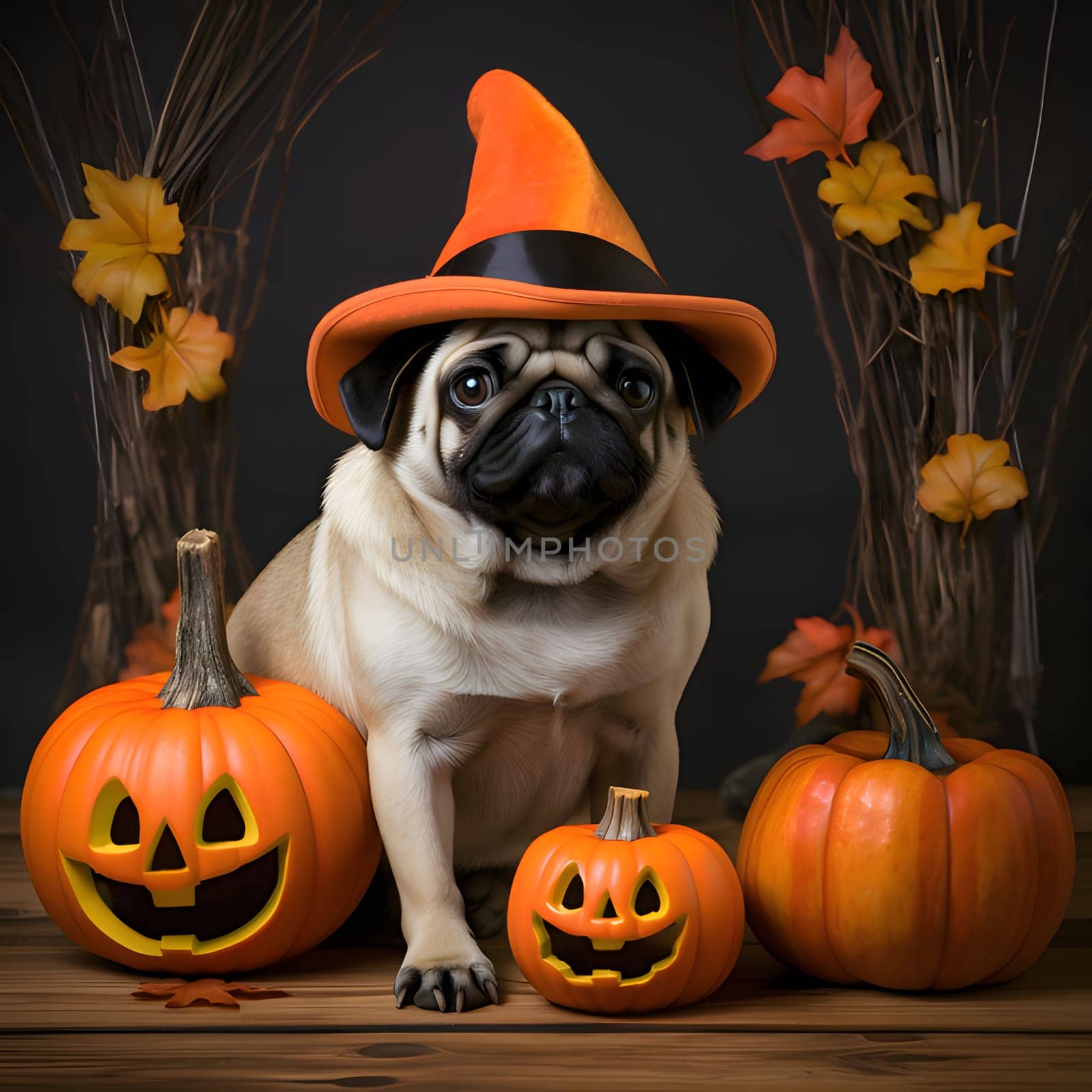 A dog with an orange hat, all around pumpkins and leaves, a Halloween image. Atmosphere of darkness and fear.