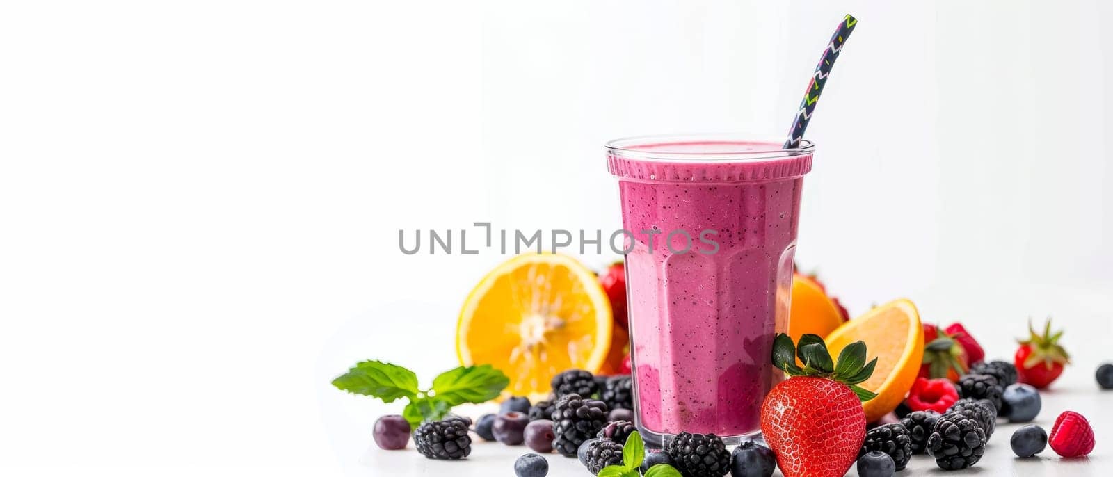 A vibrant berry smoothie in a clear glass, accompanied by a medley of fresh berries and citrus fruits on a white backdrop