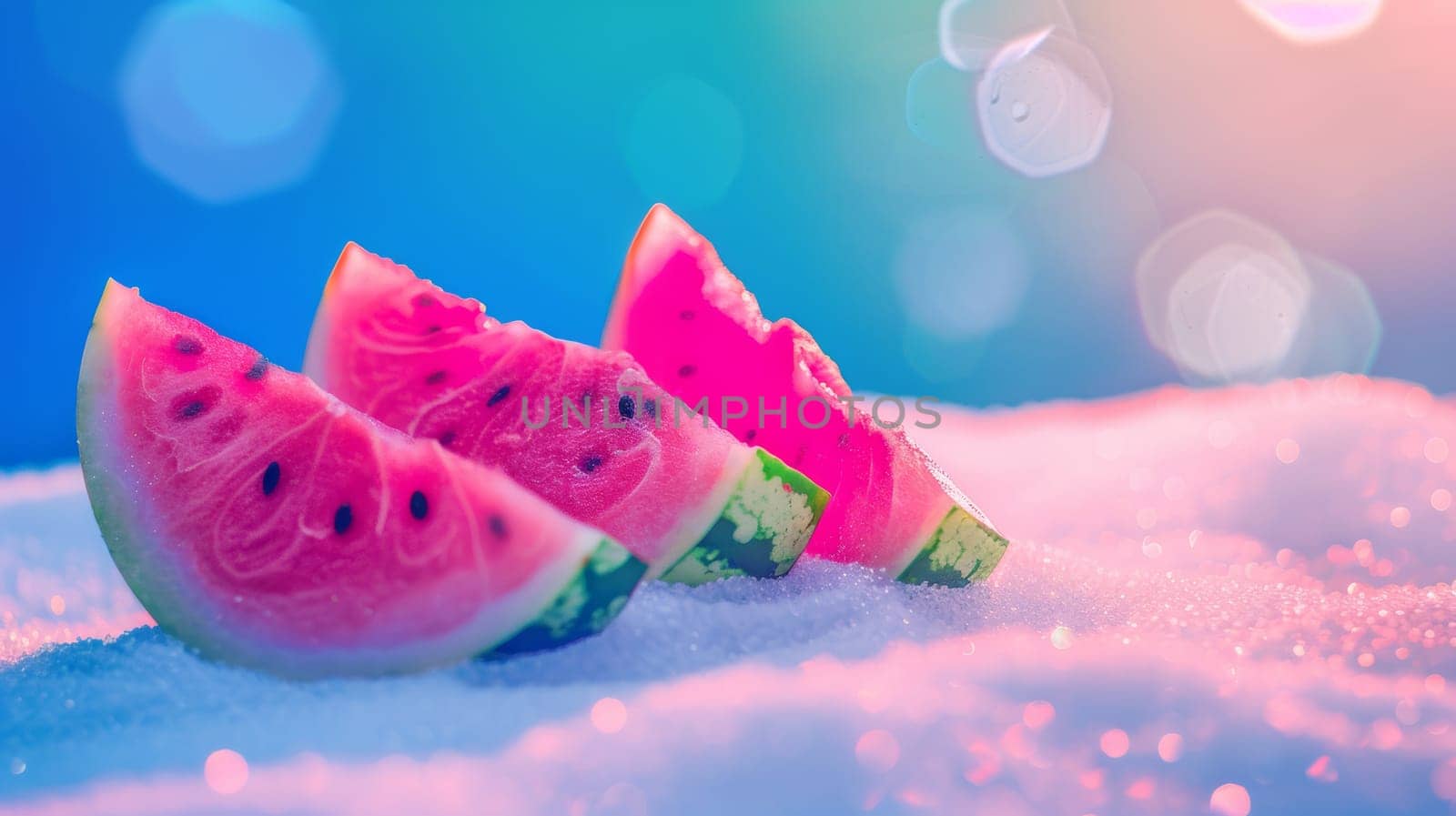 Slices of watermelon on a snowy surface under colorful lights.