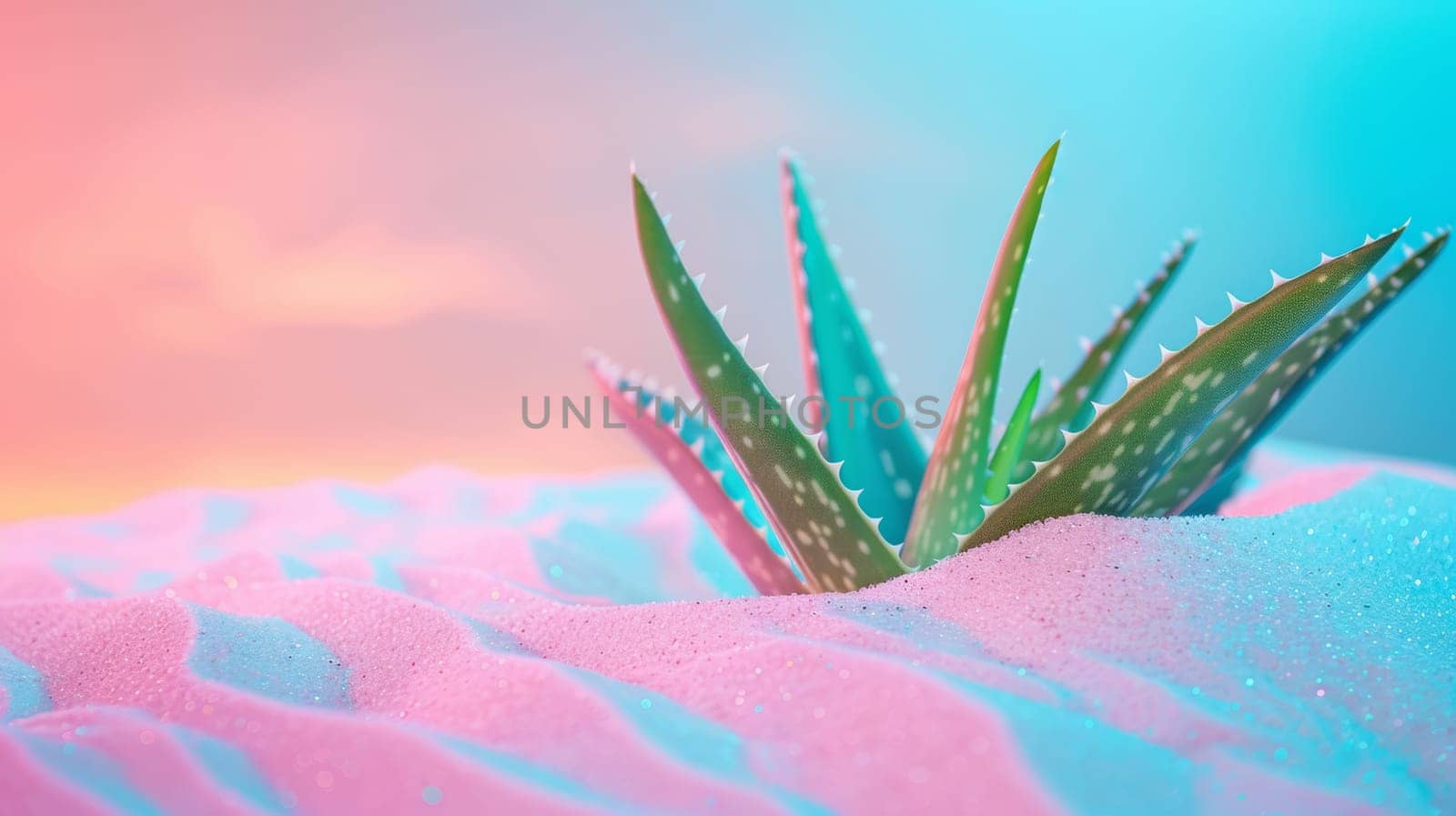 Aloe plant on a colorful sandy texture.