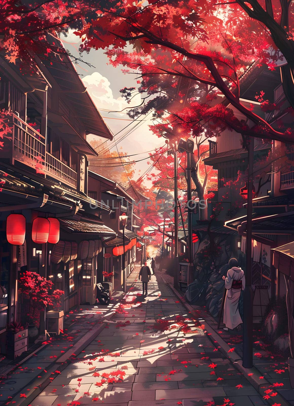 A beautiful painting capturing a street in a Japanese town with red leaves adorning the trees, blending harmoniously with the surrounding buildings and nature