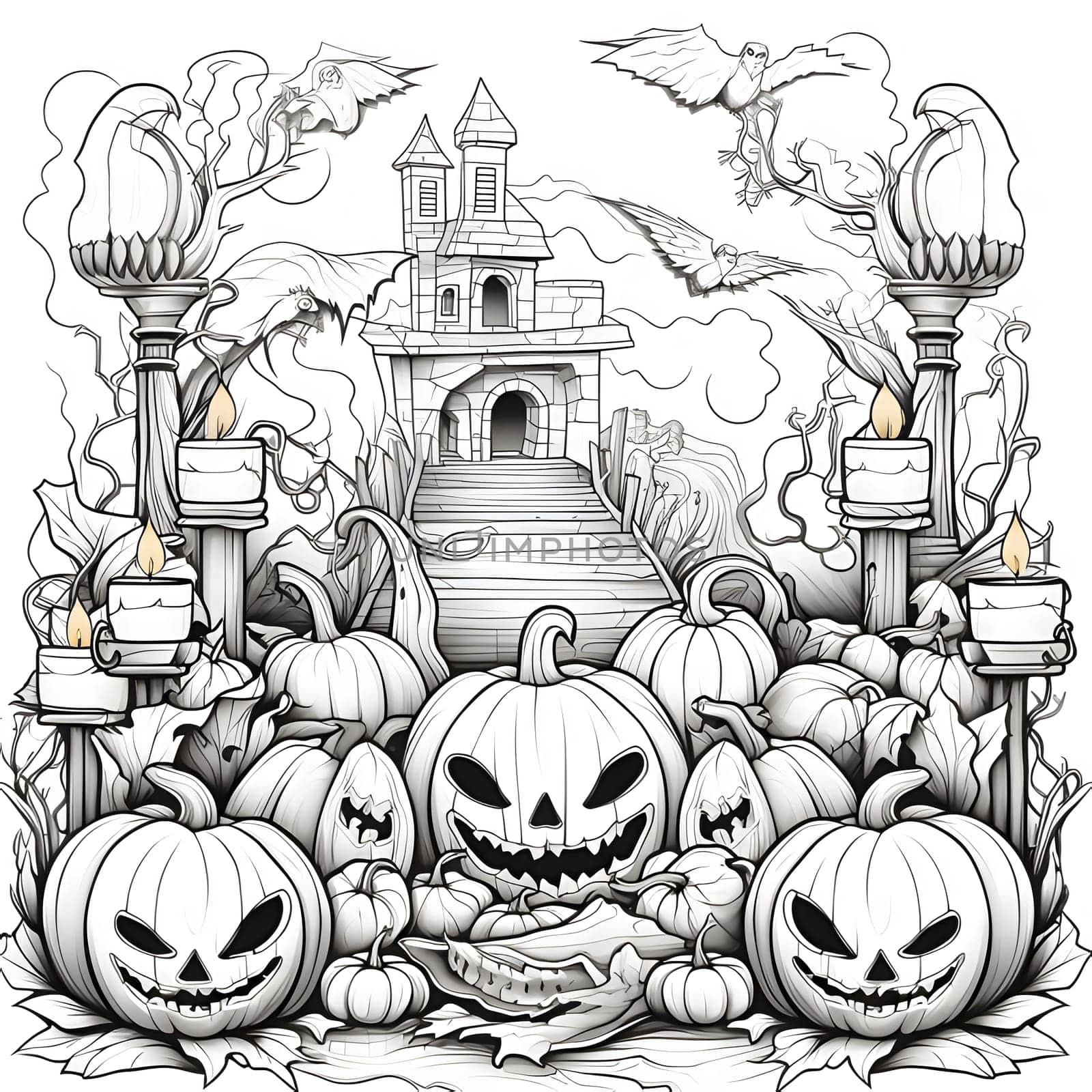Road to the castle, flying birds and ominous jack-o-lantern pumpkins and lit candles, Halloween black and white picture coloring book. Atmosphere of darkness and fear.
